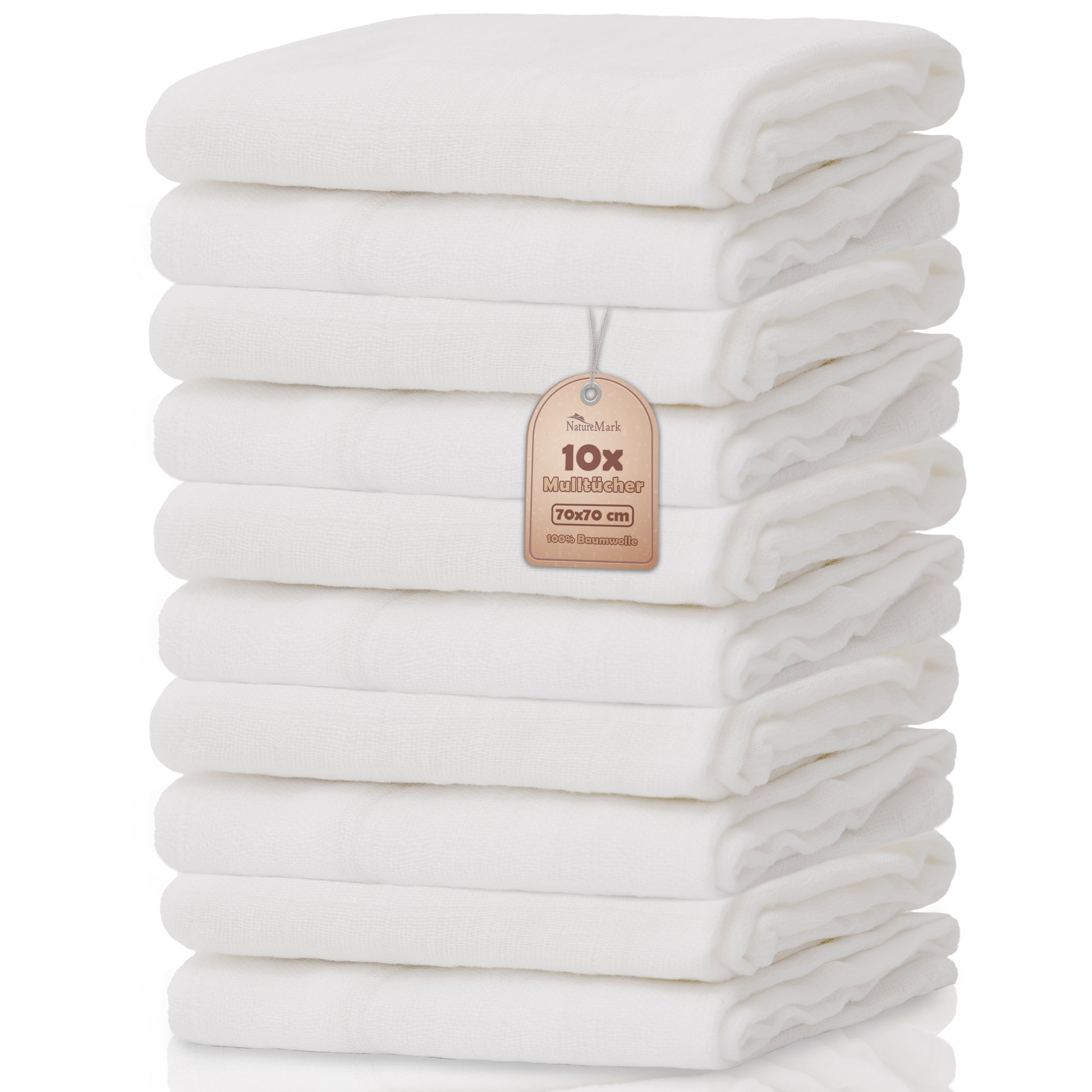NatureMark 10er-Pack Baby-Mulltücher – 100% Baumwolle – weiche und saugfähige Tücher für Stillen & Babypflege, Windeln, Pucktücher & Waschlappen – Weiß, 70x70 cm
