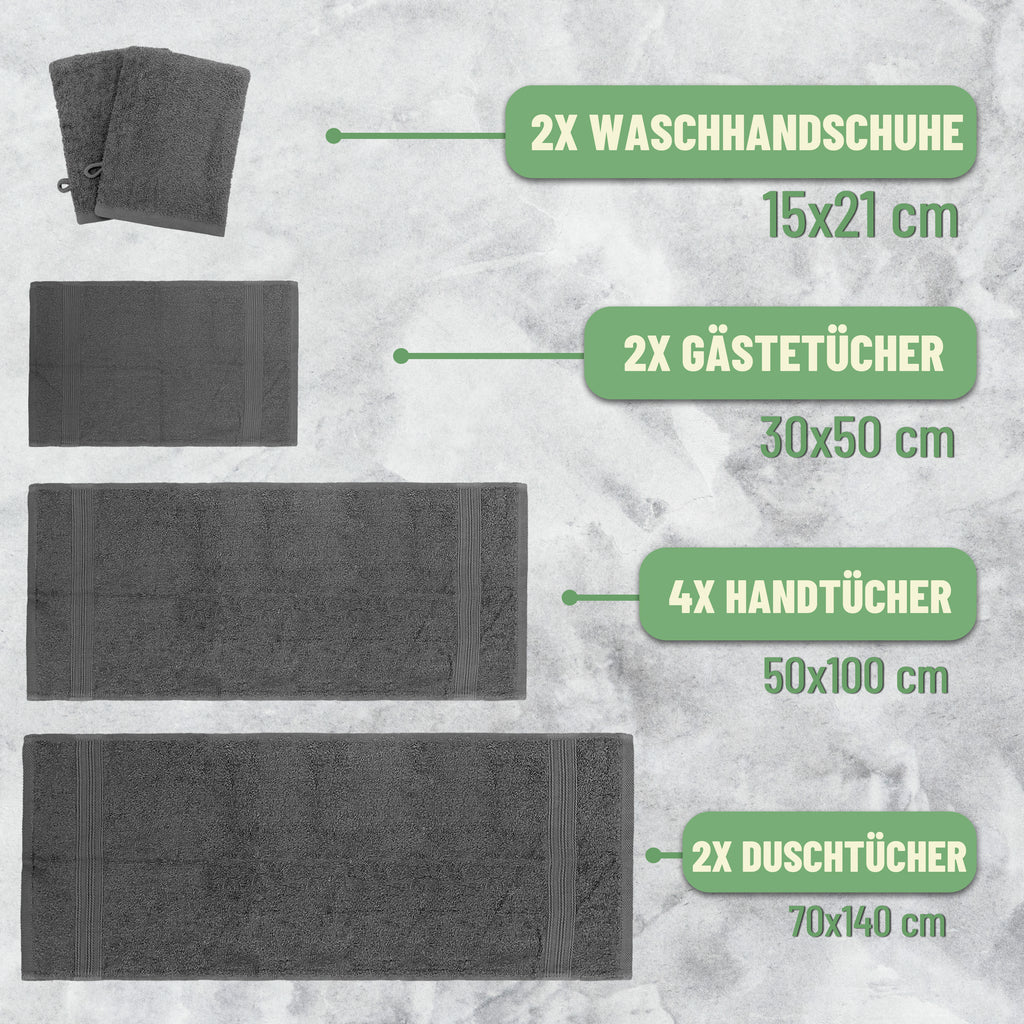 Frottier Handtuch-Set, 4X Handtücher, 2X Duschtücher, 2X Gästetücher, 2X Waschhandschuhe