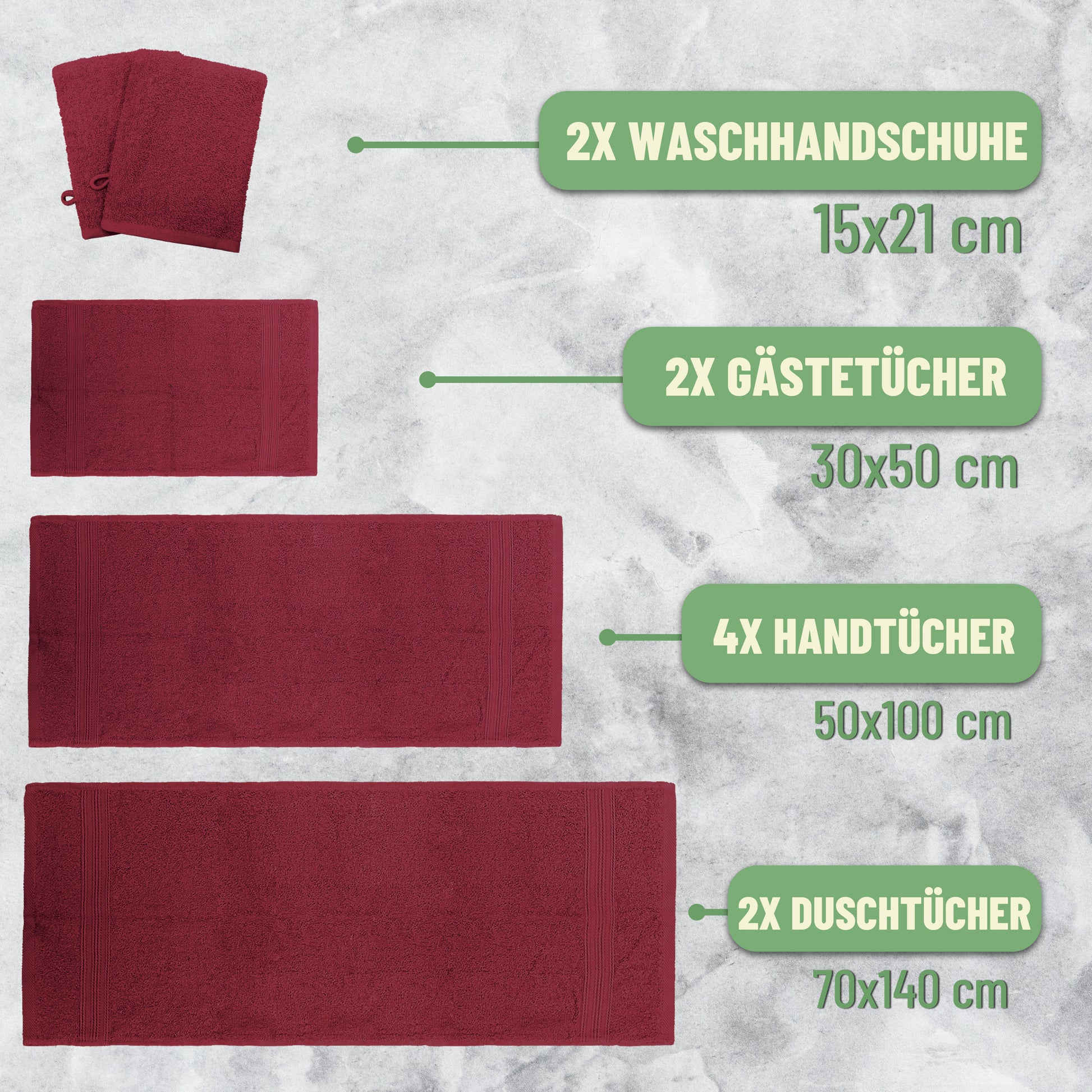 Frottier Handtuch-Set, 4X Handtücher, 2X Duschtücher, 2X Gästetücher, 2X Waschhandschuhe