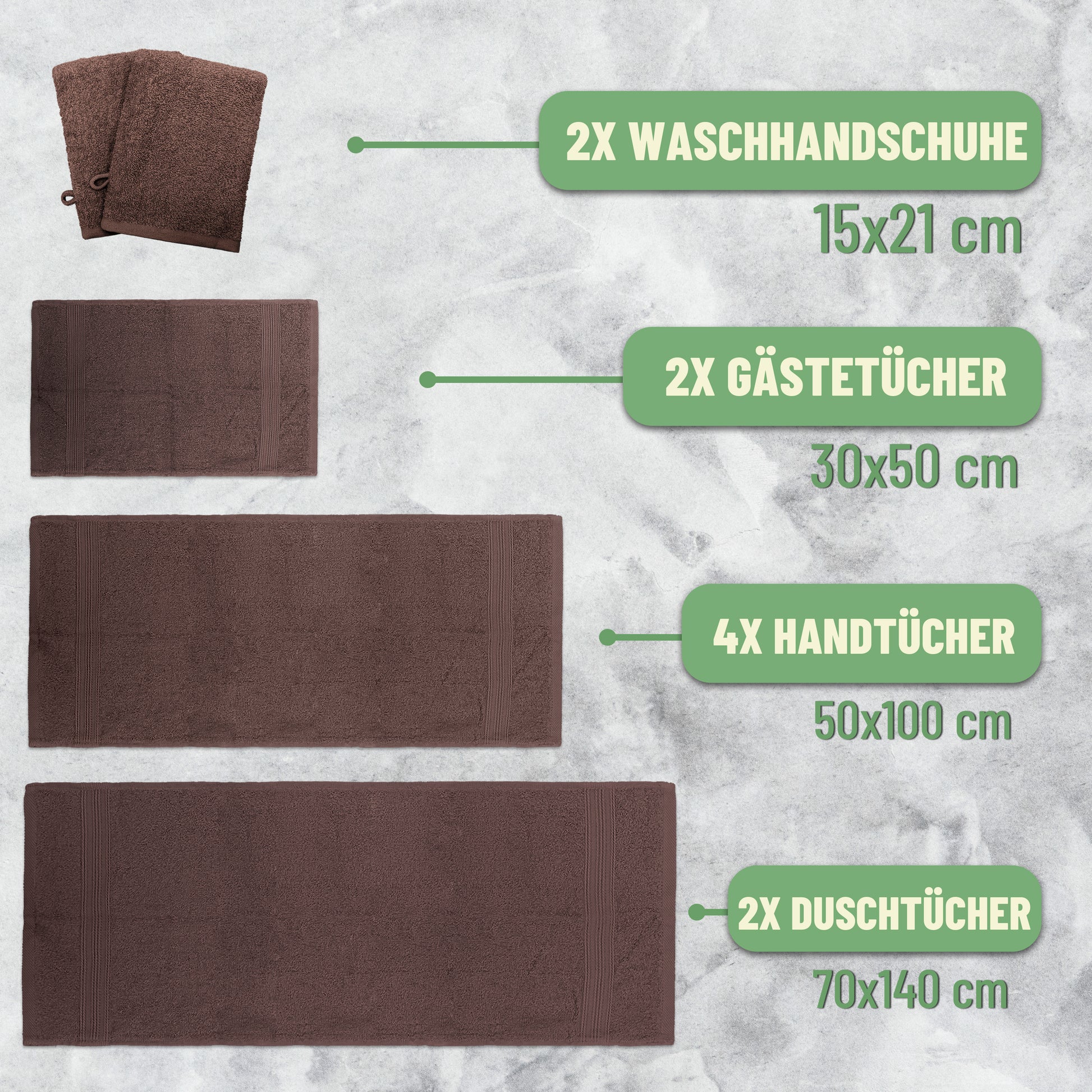 Frottier Handtuch-Set, 4X Handtücher, 2X Duschtücher, 2X Gästetücher, 2X Waschhandschuhe