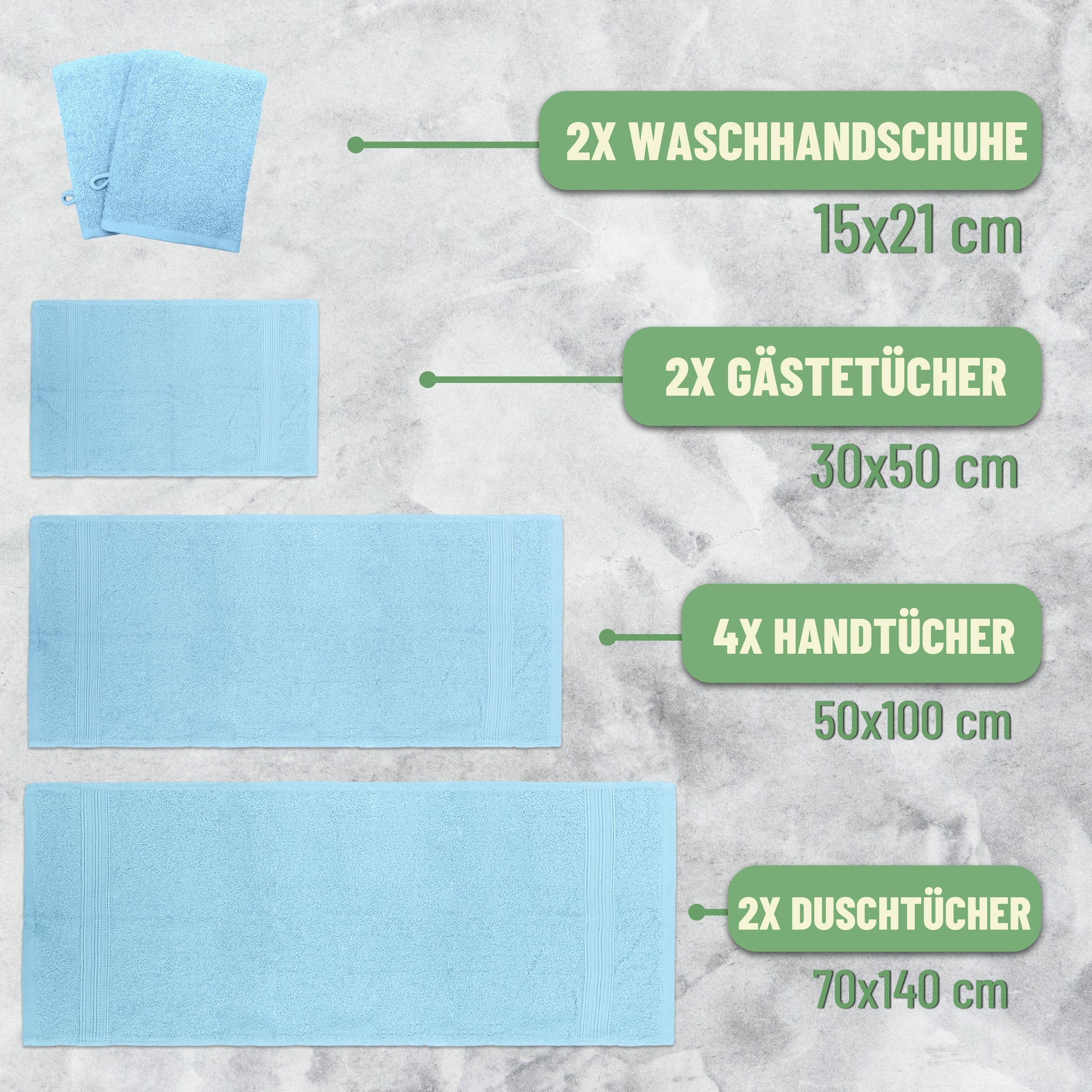 Frottier Handtuch-Set, 4X Handtücher, 2X Duschtücher, 2X Gästetücher, 2X Waschhandschuhe