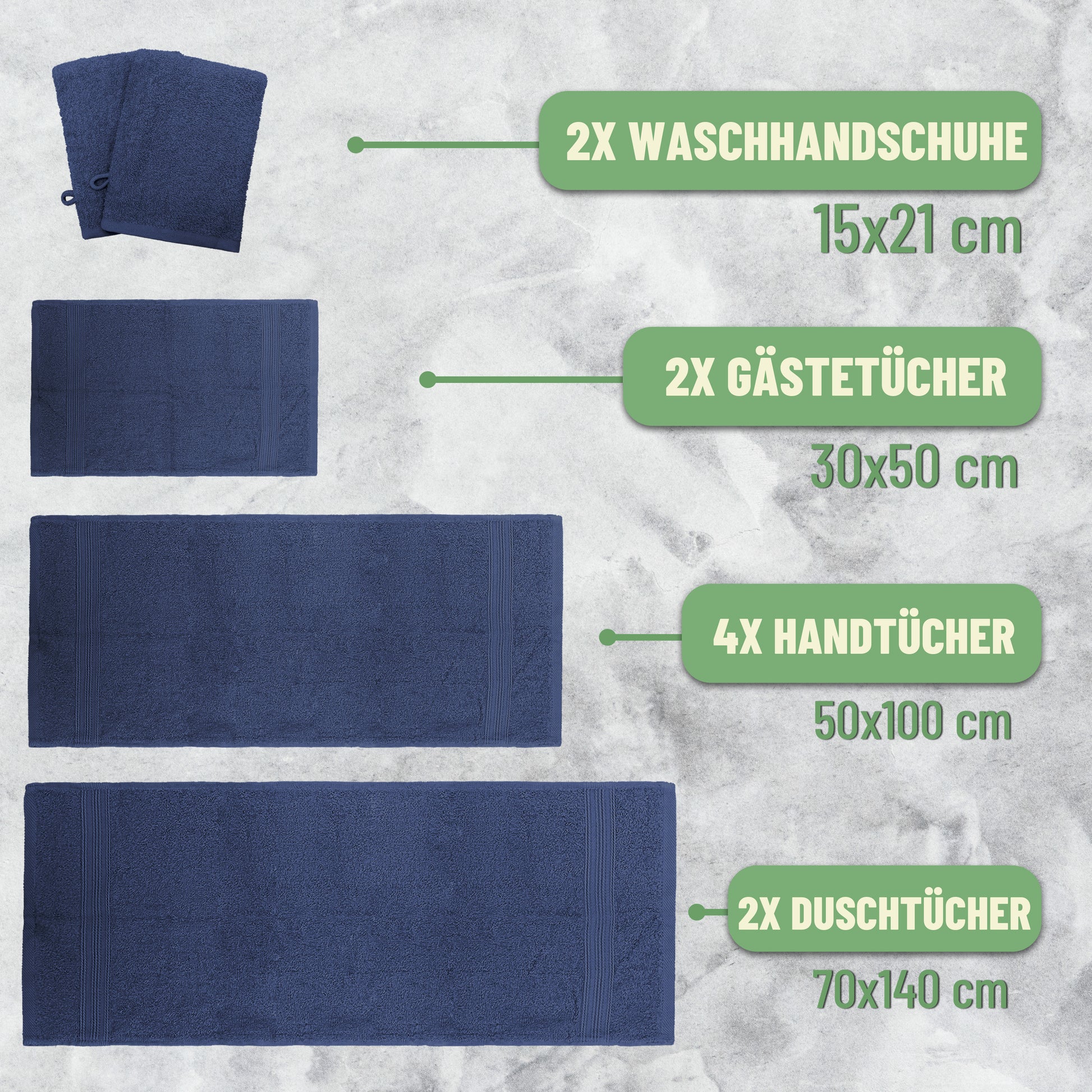 Frottier Handtuch-Set, 4X Handtücher, 2X Duschtücher, 2X Gästetücher, 2X Waschhandschuhe