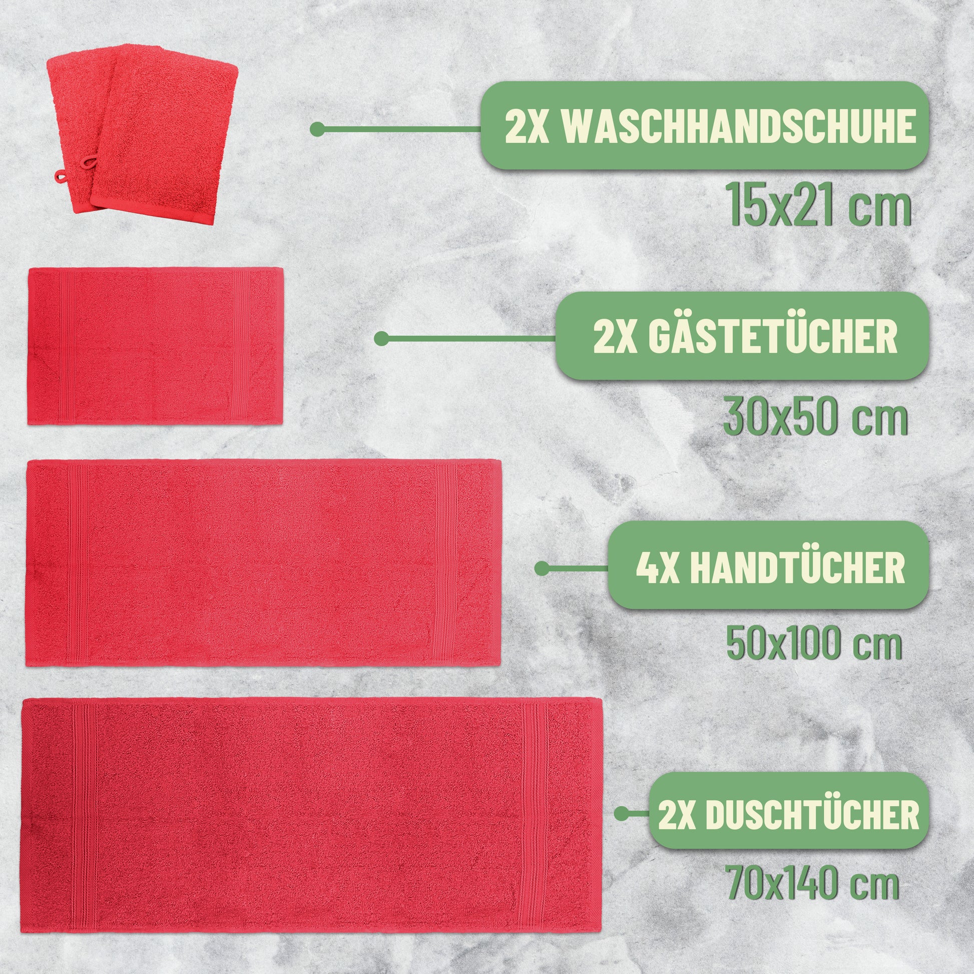 Frottier Handtuch-Set, 4X Handtücher, 2X Duschtücher, 2X Gästetücher, 2X Waschhandschuhe