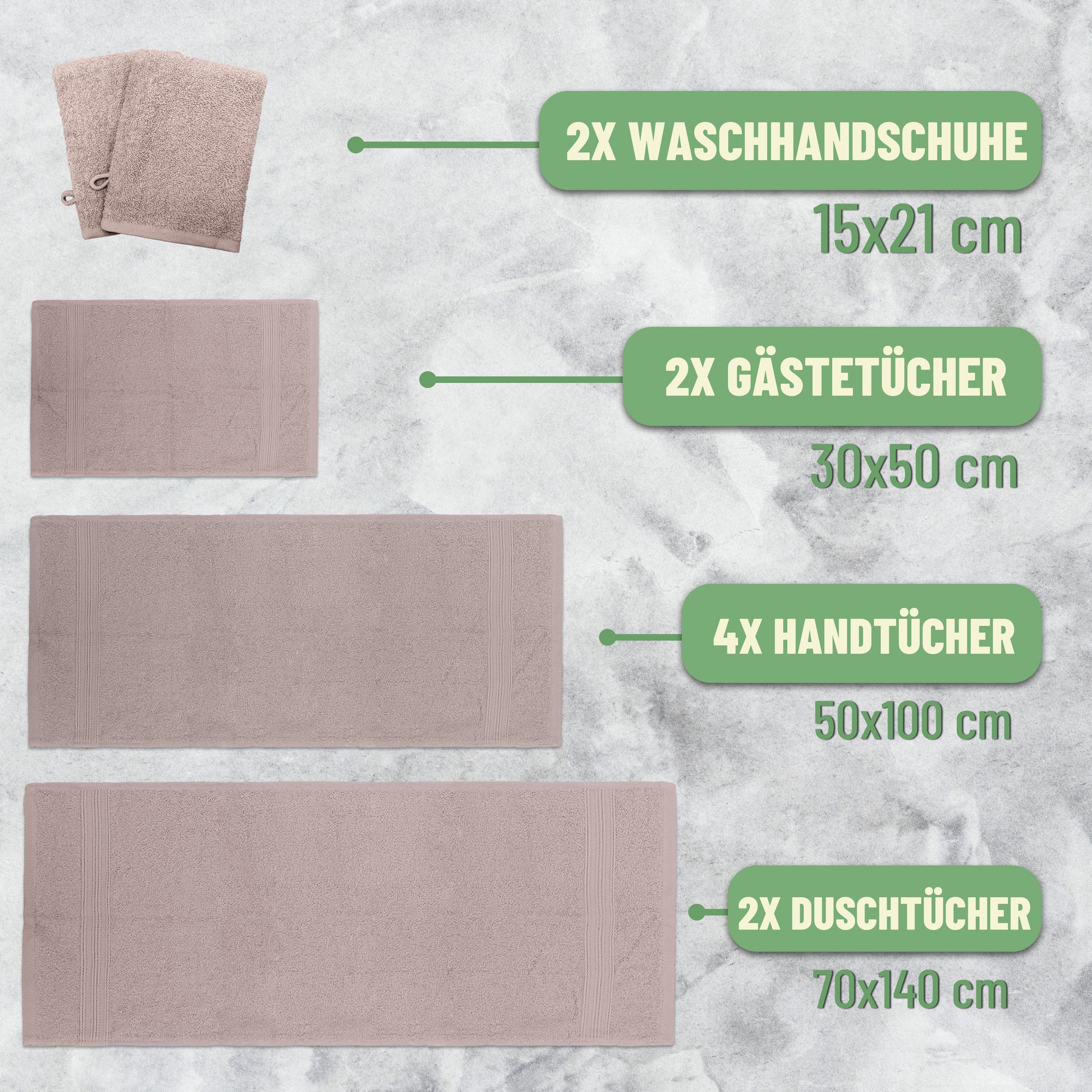 Frottier Handtuch-Set, 4X Handtücher, 2X Duschtücher, 2X Gästetücher, 2X Waschhandschuhe