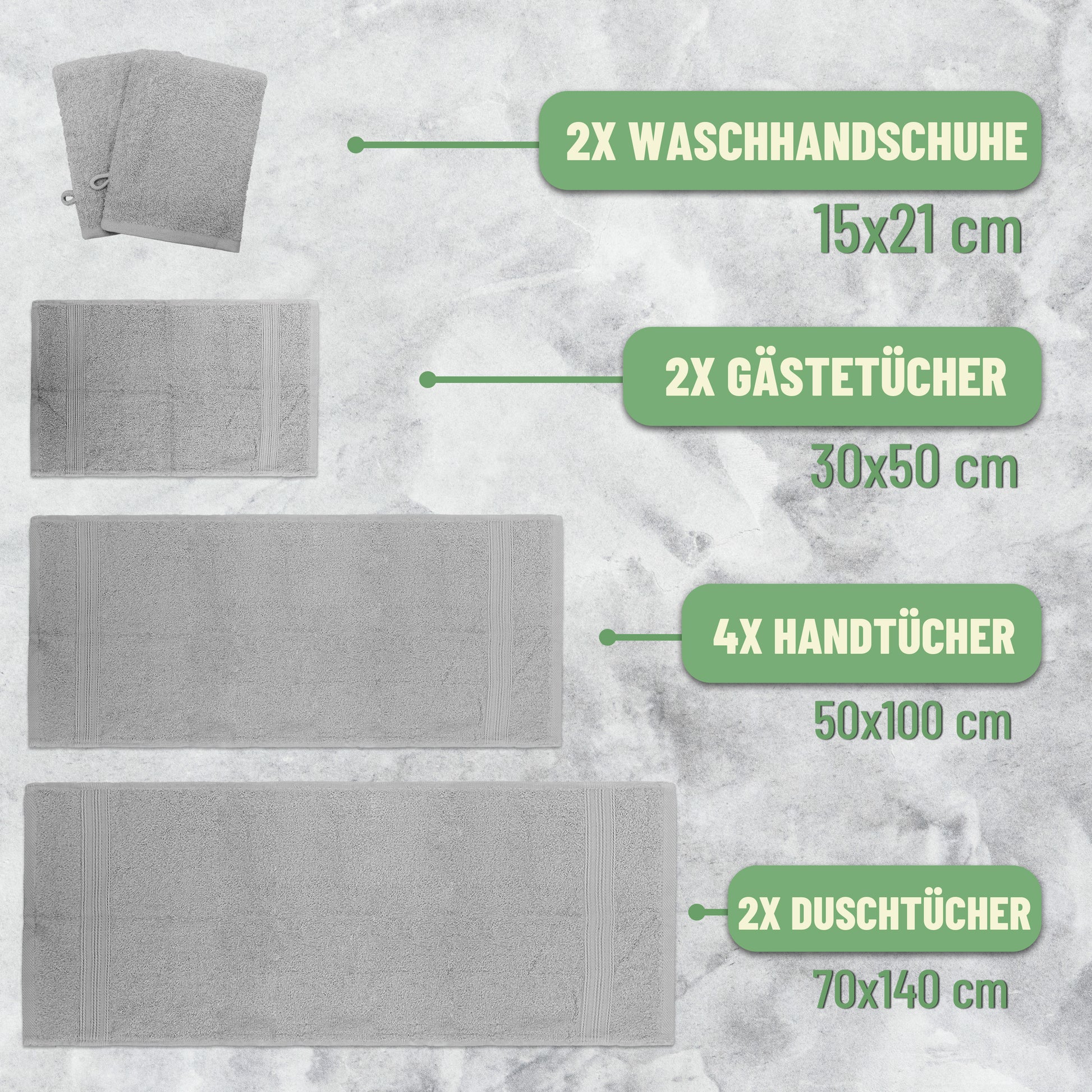 Frottier Handtuch-Set, 4X Handtücher, 2X Duschtücher, 2X Gästetücher, 2X Waschhandschuhe