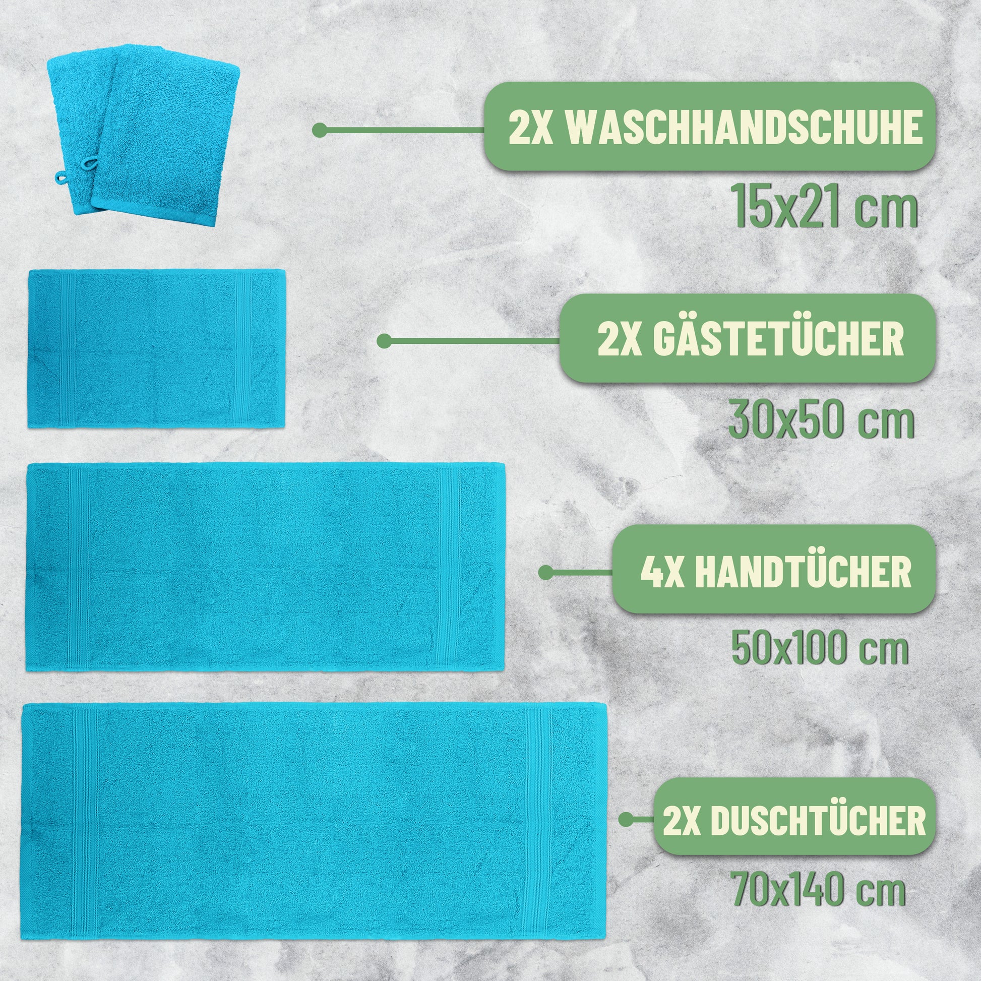 Frottier Handtuch-Set, 4X Handtücher, 2X Duschtücher, 2X Gästetücher, 2X Waschhandschuhe