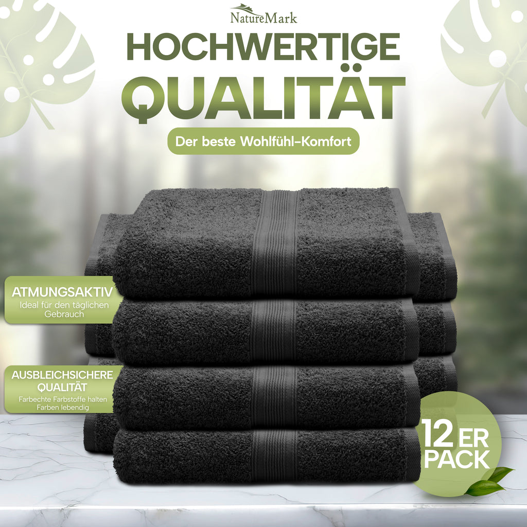 NatureMark Gästetücher – 12er Pack (30x50 cm), 100% Baumwolle, Oeko-Tex Zertifiziert, weich, saugfähig und pflegeleicht – Für Bad, Gäste & Spa – Anthrazit/Grau