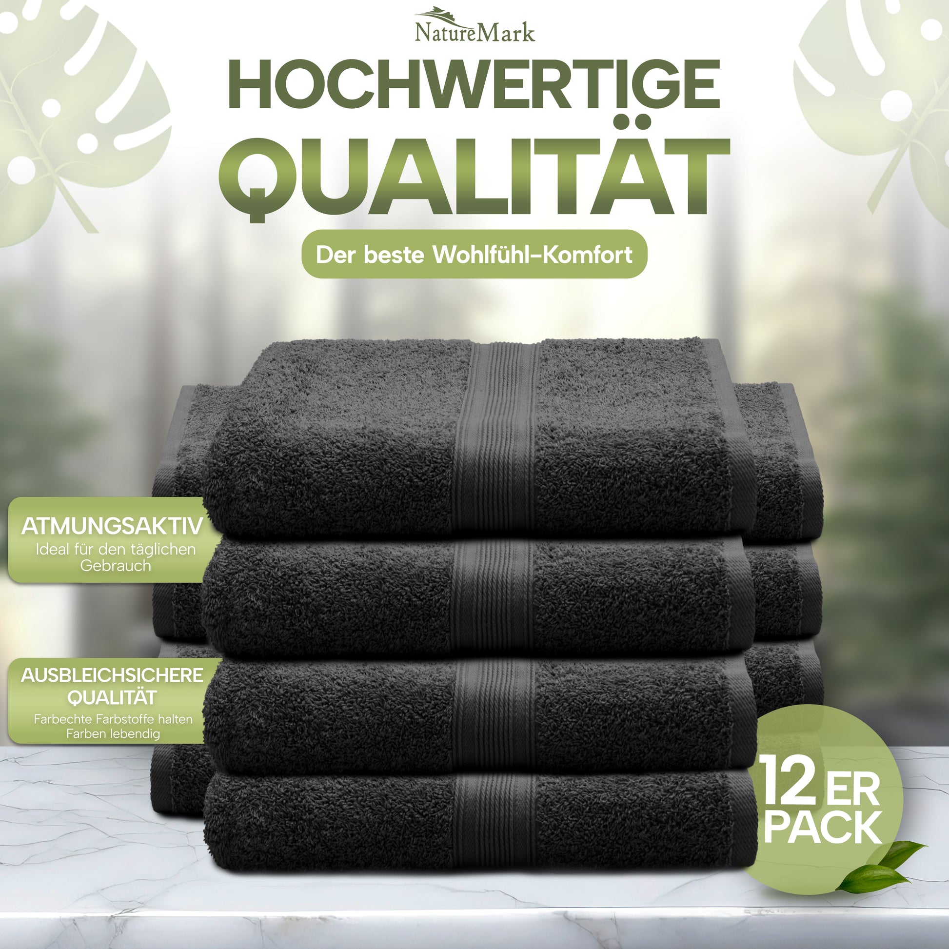 NatureMark Gästetücher – 12er Pack (30x50 cm), 100% Baumwolle, Oeko-Tex Zertifiziert, weich, saugfähig und pflegeleicht – Für Bad, Gäste & Spa – Anthrazit/Grau