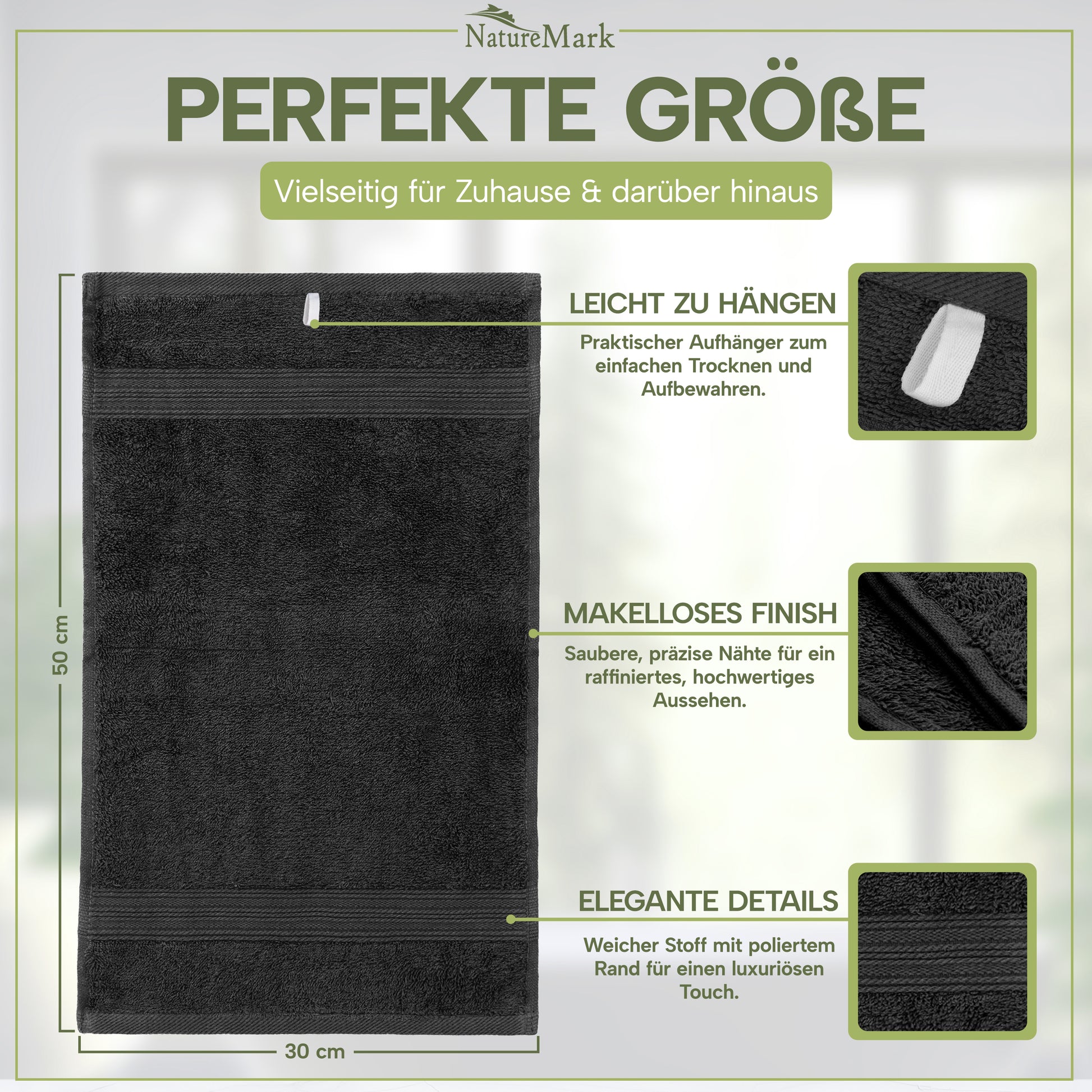 NatureMark Gästetücher – 12er Pack (30x50 cm), 100% Baumwolle, Oeko-Tex Zertifiziert, weich, saugfähig und pflegeleicht – Für Bad, Gäste & Spa – Anthrazit/Grau
