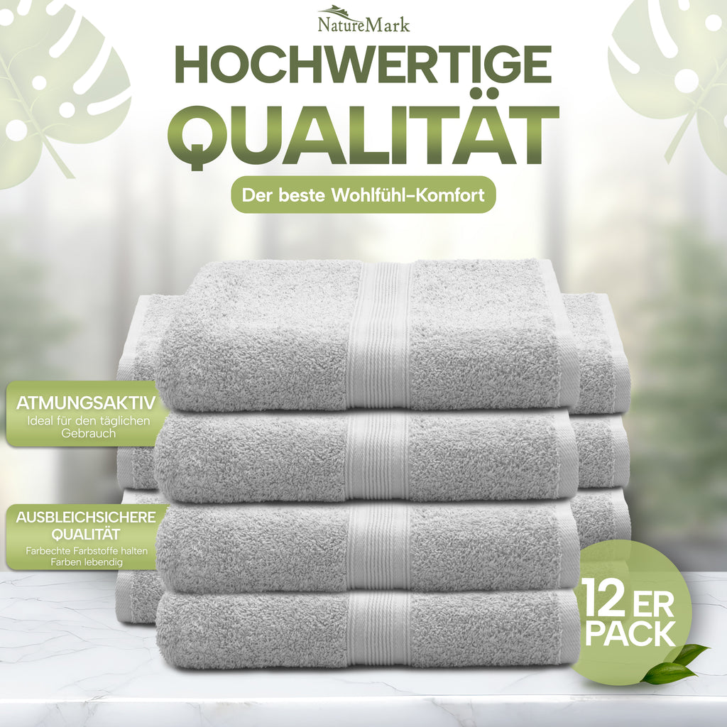 NatureMark Gästetücher – 12er Pack (30x50 cm), 100% Baumwolle, Oeko-Tex Zertifiziert, weich, saugfähig und pflegeleicht – Für Bad, Gäste & Spa – Anthrazit/Grau
