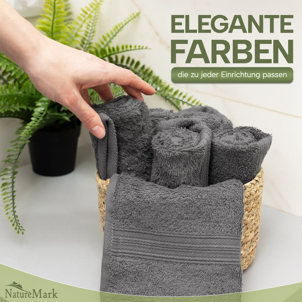 NatureMark Gästetücher – 12er Pack (30x50 cm), 100% Baumwolle, Oeko-Tex Zertifiziert, weich, saugfähig und pflegeleicht – Für Bad, Gäste & Spa – Anthrazit/Grau