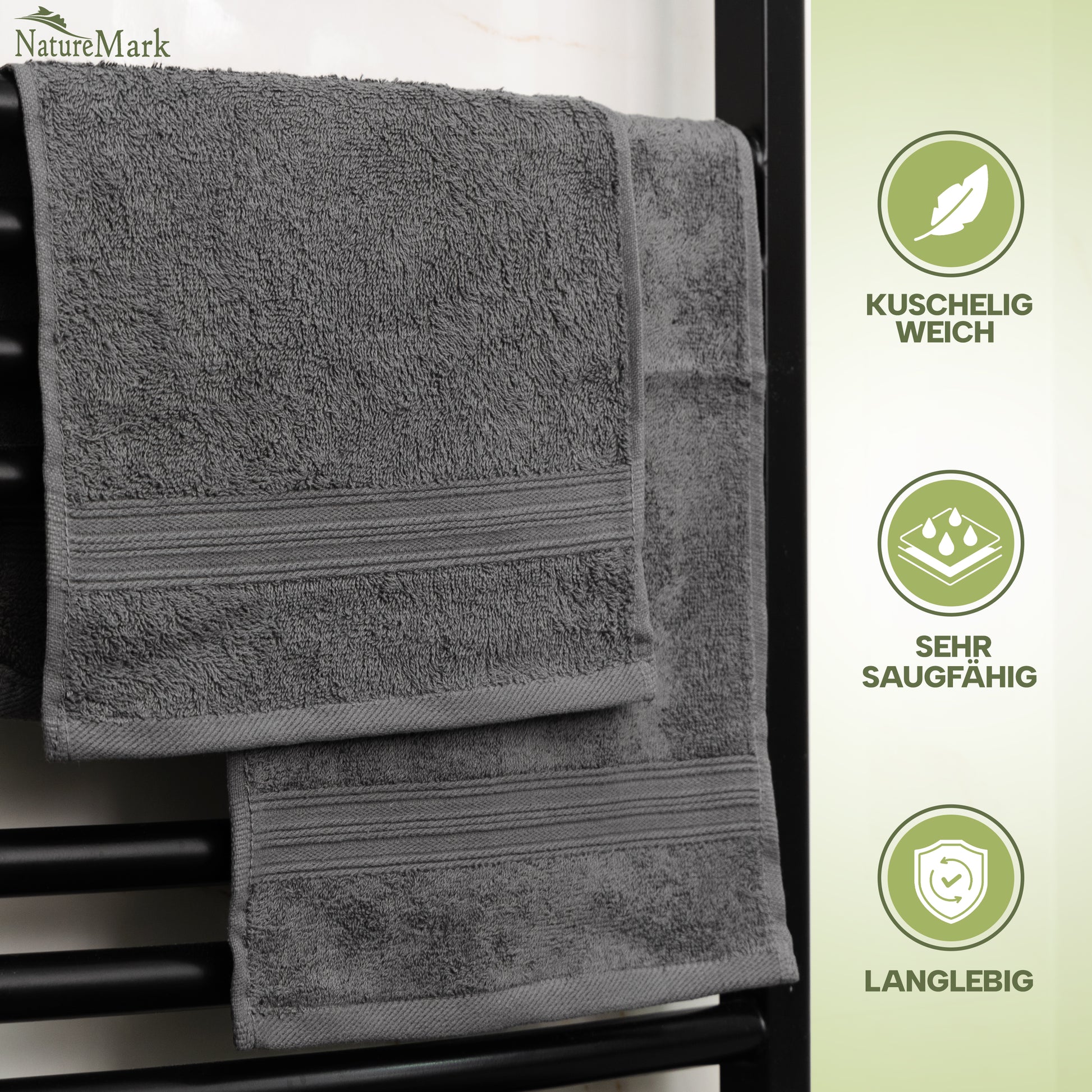 NatureMark Gästetücher – 12er Pack (30x50 cm), 100% Baumwolle, Oeko-Tex Zertifiziert, weich, saugfähig und pflegeleicht – Für Bad, Gäste & Spa – Anthrazit/Grau