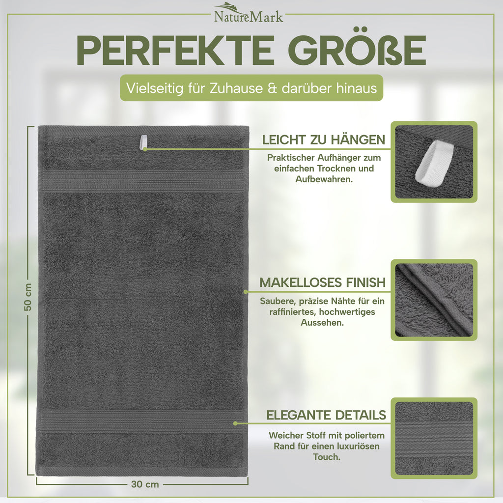 NatureMark Gästetücher – 12er Pack (30x50 cm), 100% Baumwolle, Oeko-Tex Zertifiziert, weich, saugfähig und pflegeleicht – Für Bad, Gäste & Spa – Anthrazit/Grau