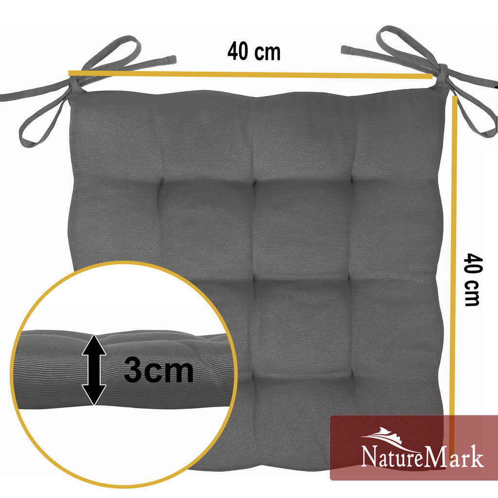 NatureMark 4er Set Stuhlkissen mit Bändern 40x40 cm – Gefüllte Sitzkissen, Outdoor & Indoor