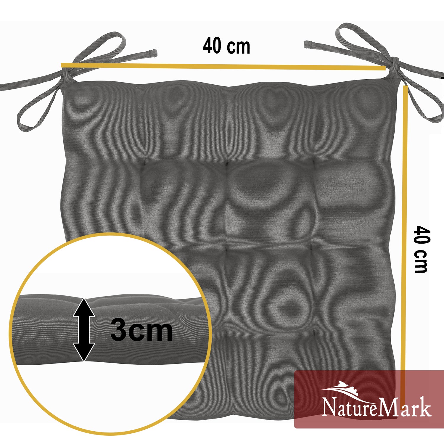 NatureMark 4er Set Stuhlkissen mit Bändern 40x40 cm – Gefüllte Sitzkissen, Outdoor & Indoor