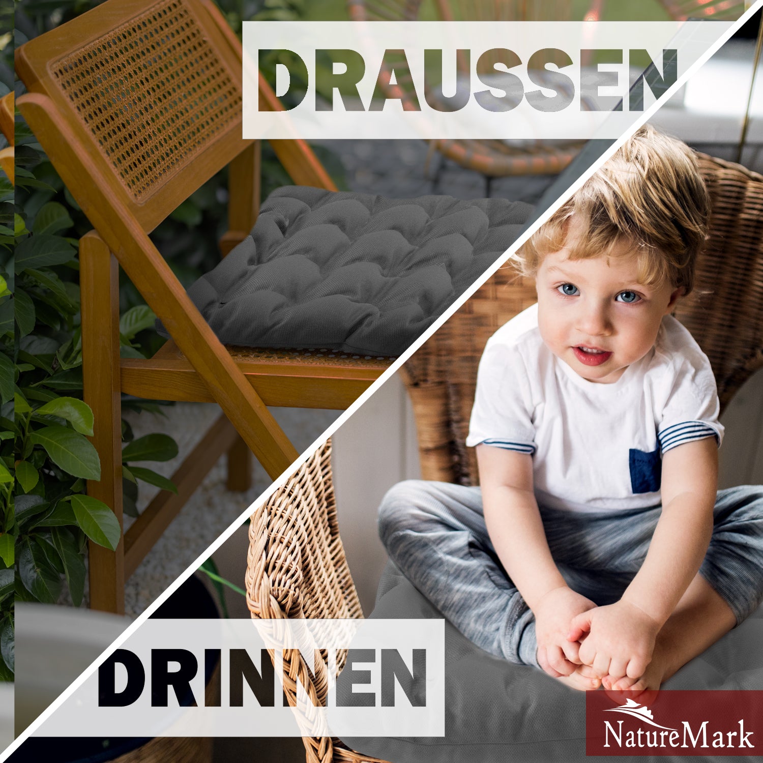 NatureMark 4er Set Stuhlkissen mit Bändern 40x40 cm – Gefüllte Sitzkissen, Outdoor & Indoor