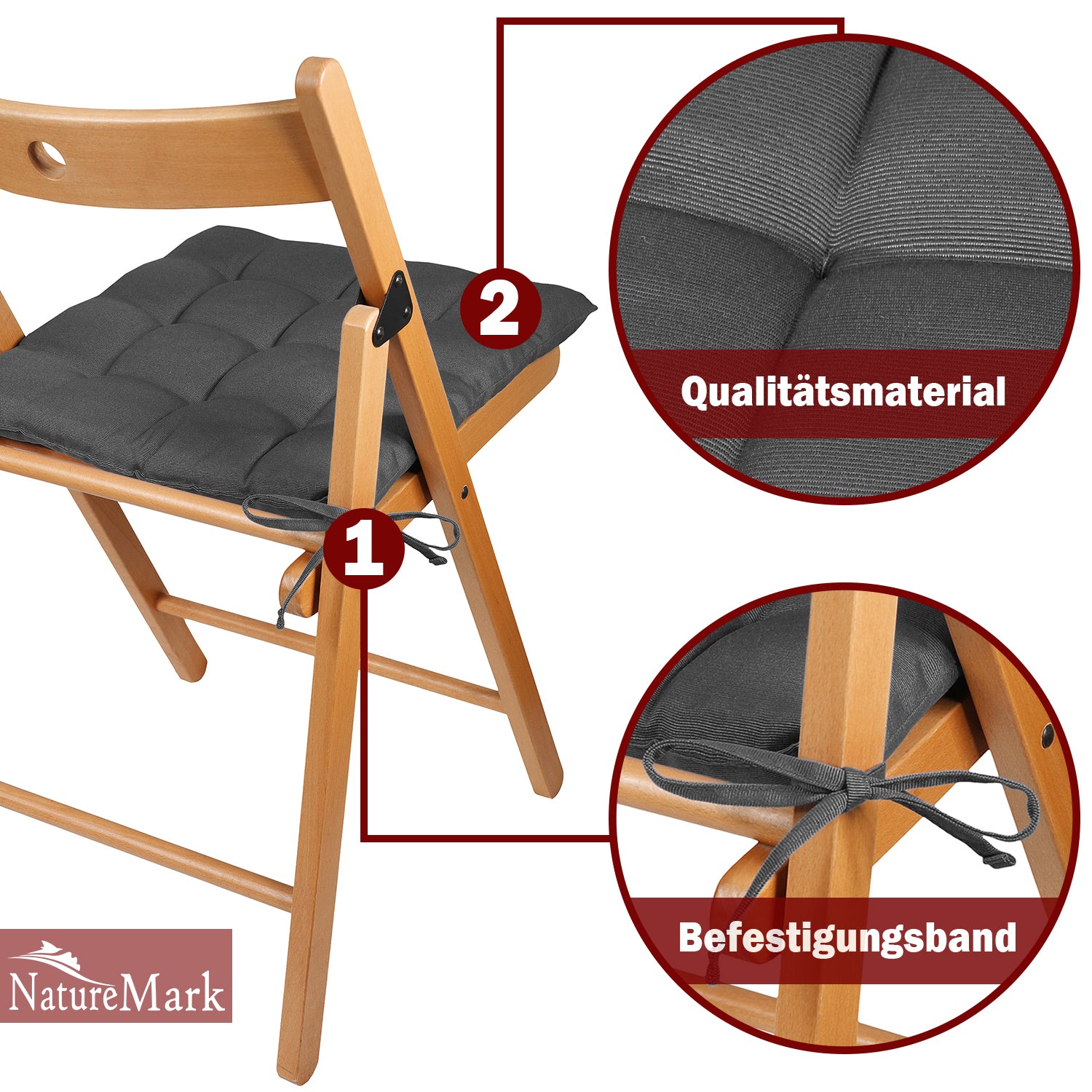 NatureMark 4er Set Stuhlkissen mit Bändern 40x40 cm – Gefüllte Sitzkissen, Outdoor & Indoor