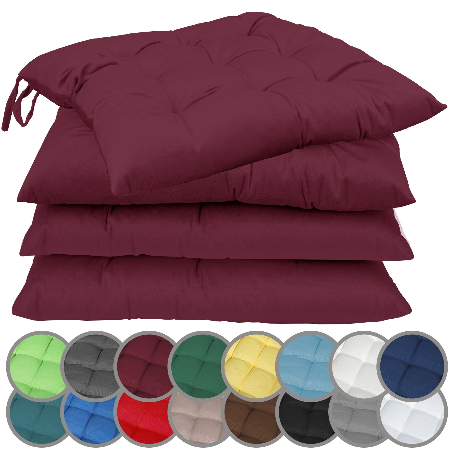 NatureMark 4er Set Stuhlkissen mit Bändern 40x40 cm – Gefüllte Sitzkissen, Outdoor & Indoor