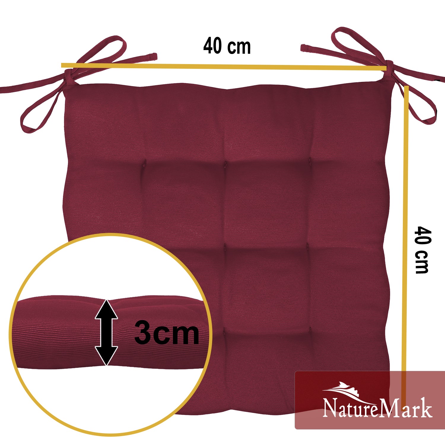 NatureMark 4er Set Stuhlkissen mit Bändern 40x40 cm – Gefüllte Sitzkissen, Outdoor & Indoor