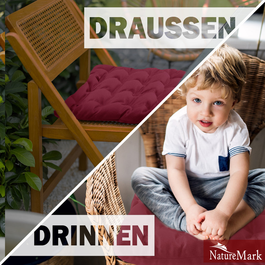 NatureMark 4er Set Stuhlkissen mit Bändern 40x40 cm – Gefüllte Sitzkissen, Outdoor & Indoor
