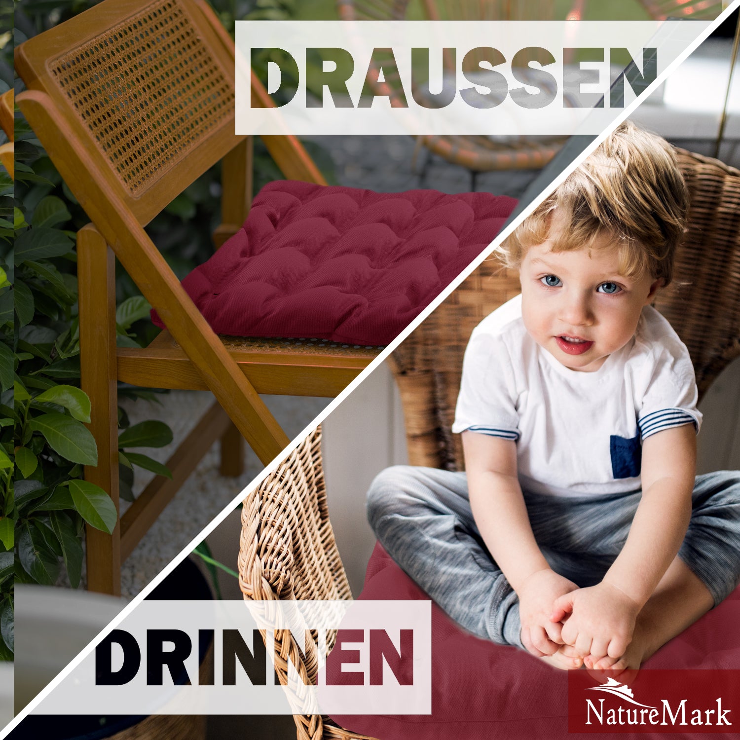 NatureMark 4er Set Stuhlkissen mit Bändern 40x40 cm – Gefüllte Sitzkissen, Outdoor & Indoor