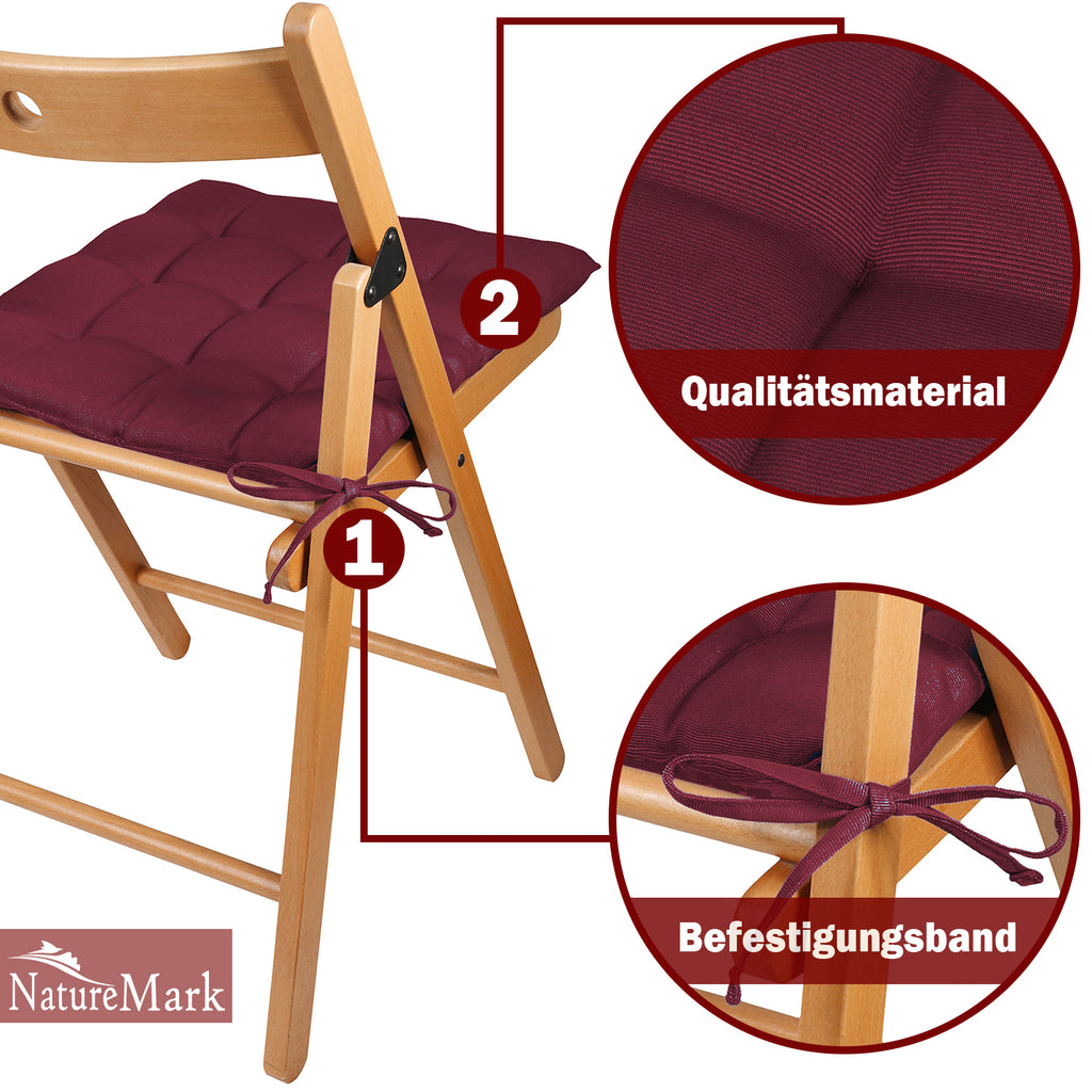 NatureMark 4er Set Stuhlkissen mit Bändern 40x40 cm – Gefüllte Sitzkissen, Outdoor & Indoor