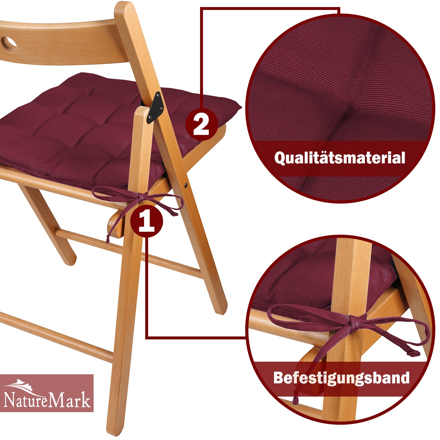 NatureMark 4er Set Stuhlkissen mit Bändern 40x40 cm – Gefüllte Sitzkissen, Outdoor & Indoor