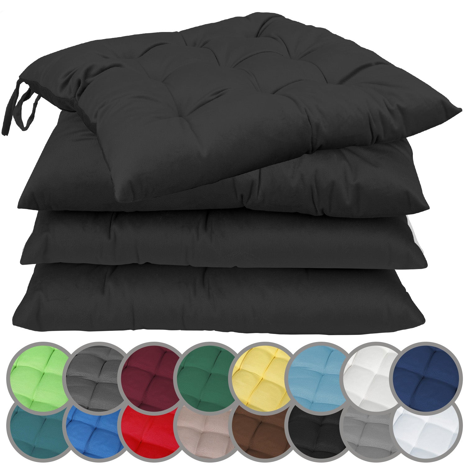 NatureMark 4er Set Stuhlkissen mit Bändern 40x40 cm – Gefüllte Sitzkissen, Outdoor & Indoor