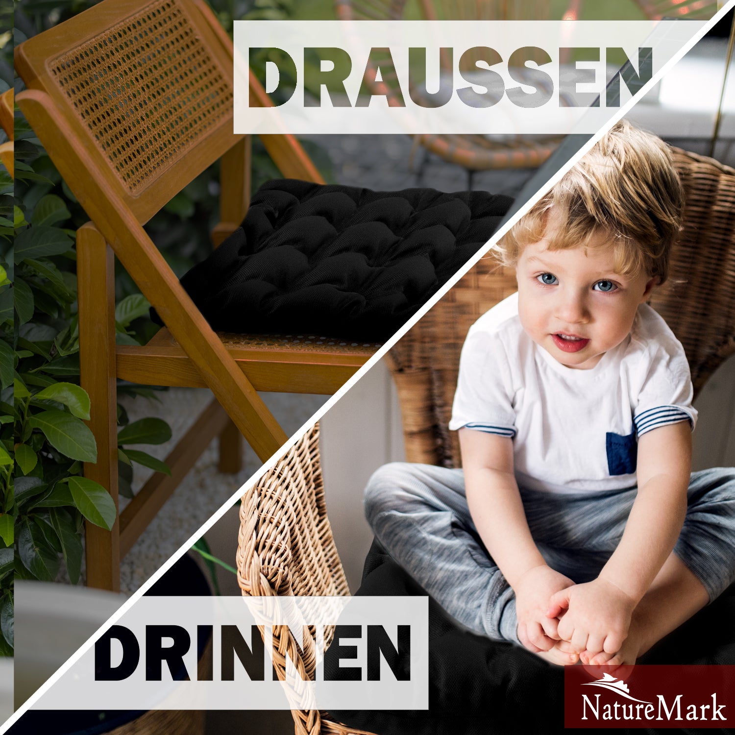 NatureMark 4er Set Stuhlkissen mit Bändern 40x40 cm – Gefüllte Sitzkissen, Outdoor & Indoor