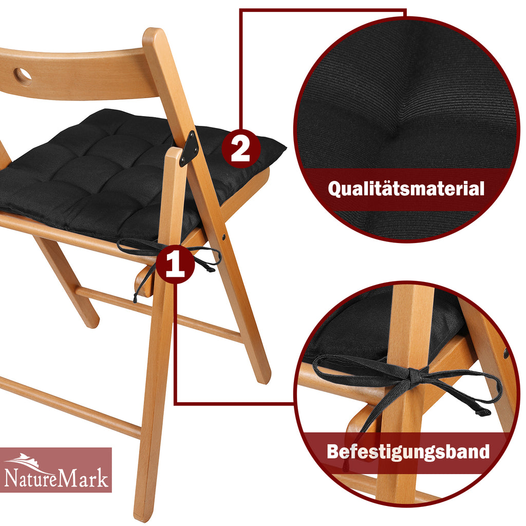 NatureMark 4er Set Stuhlkissen mit Bändern 40x40 cm – Gefüllte Sitzkissen, Outdoor & Indoor