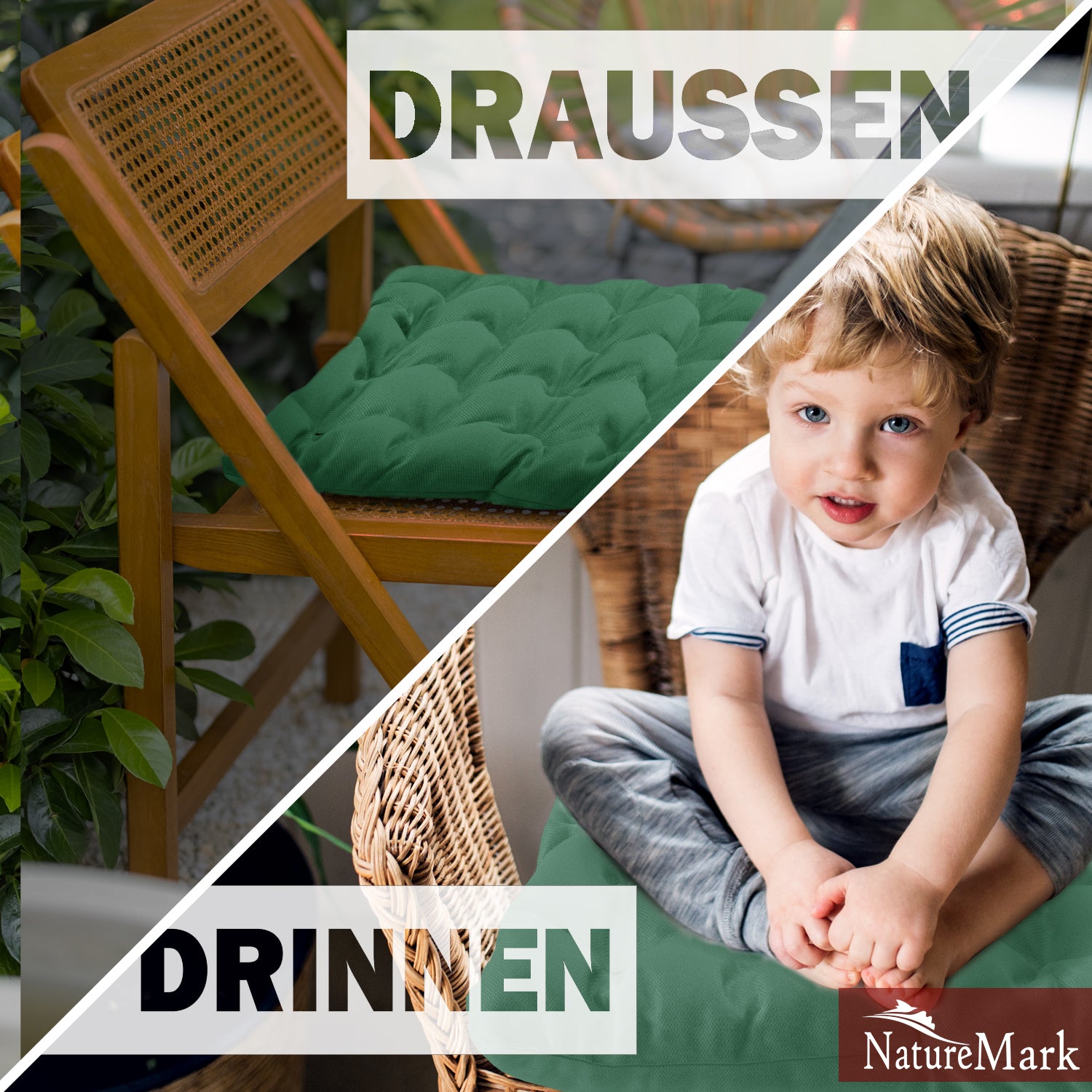 NatureMark 4er Set Stuhlkissen mit Bändern 40x40 cm – Gefüllte Sitzkissen, Outdoor & Indoor