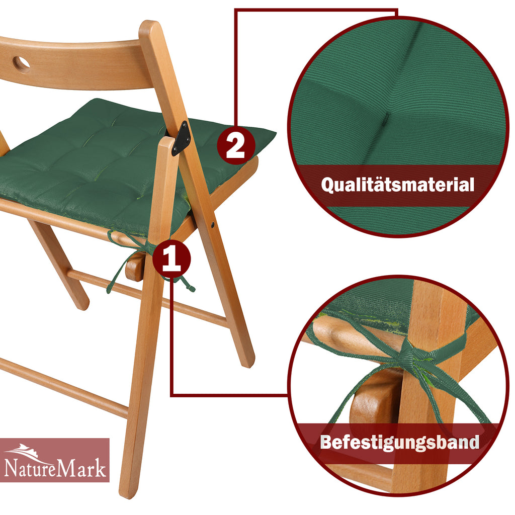 NatureMark 4er Set Stuhlkissen mit Bändern 40x40 cm – Gefüllte Sitzkissen, Outdoor & Indoor