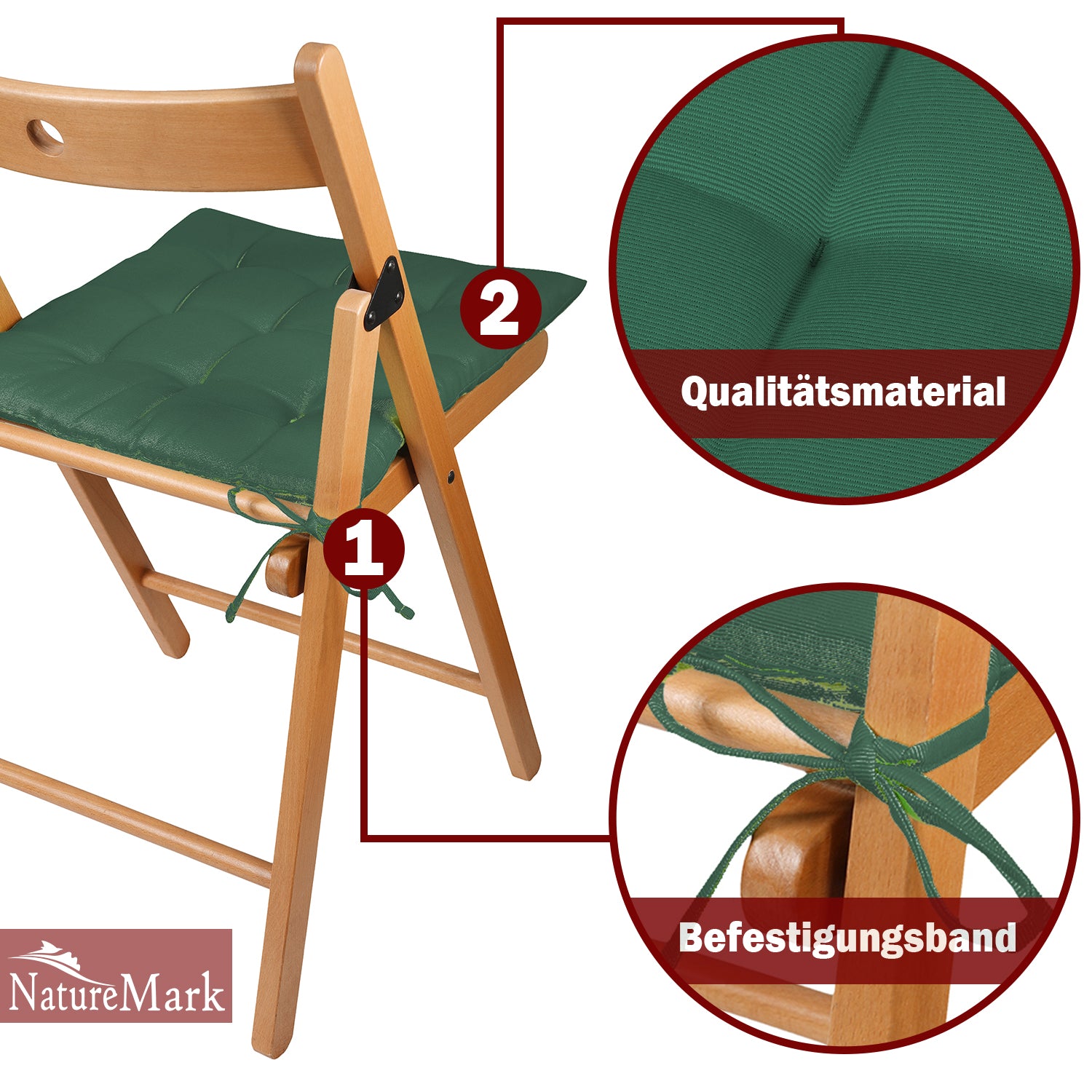 NatureMark 4er Set Stuhlkissen mit Bändern 40x40 cm – Gefüllte Sitzkissen, Outdoor & Indoor