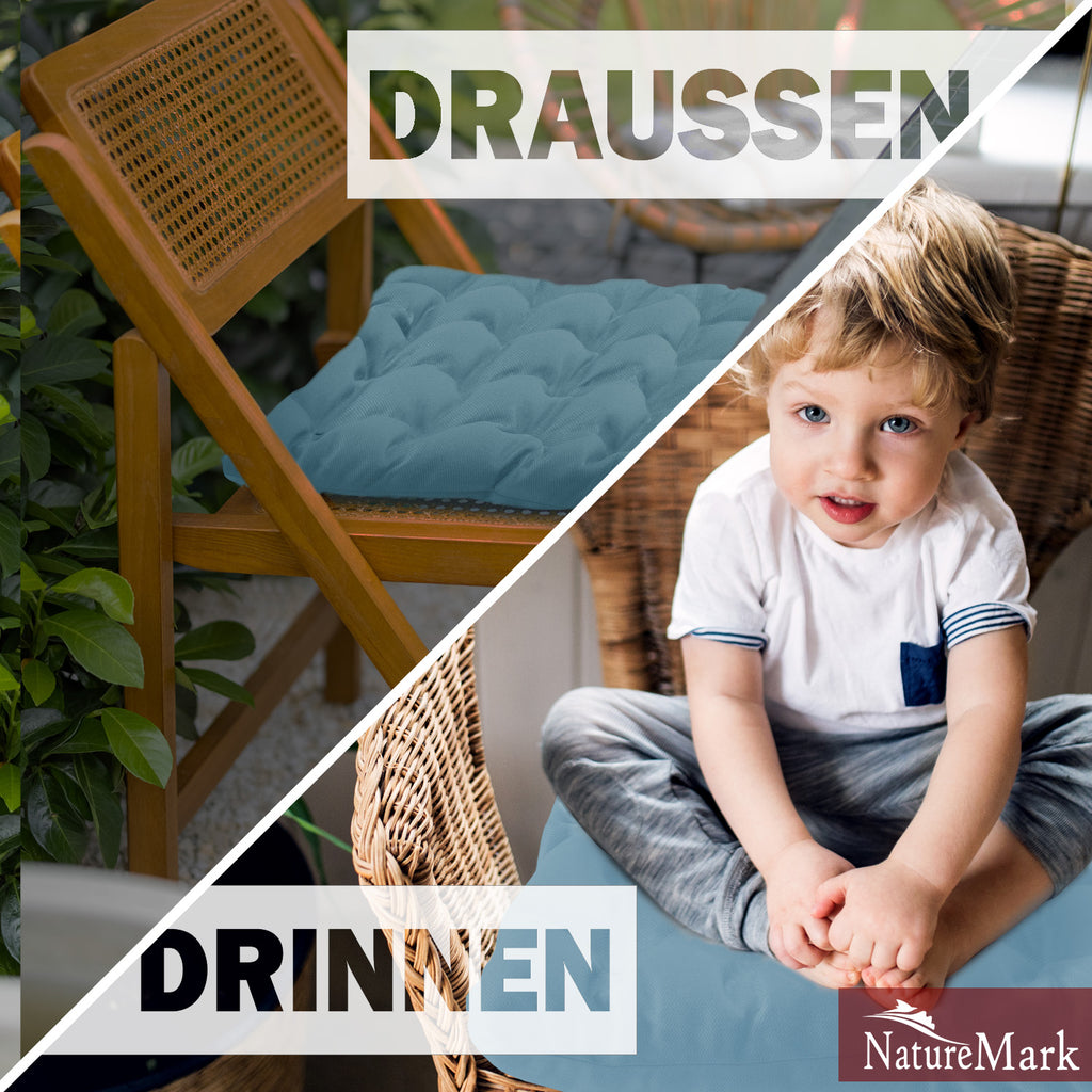 NatureMark 4er Set Stuhlkissen mit Bändern 40x40 cm – Gefüllte Sitzkissen, Outdoor & Indoor