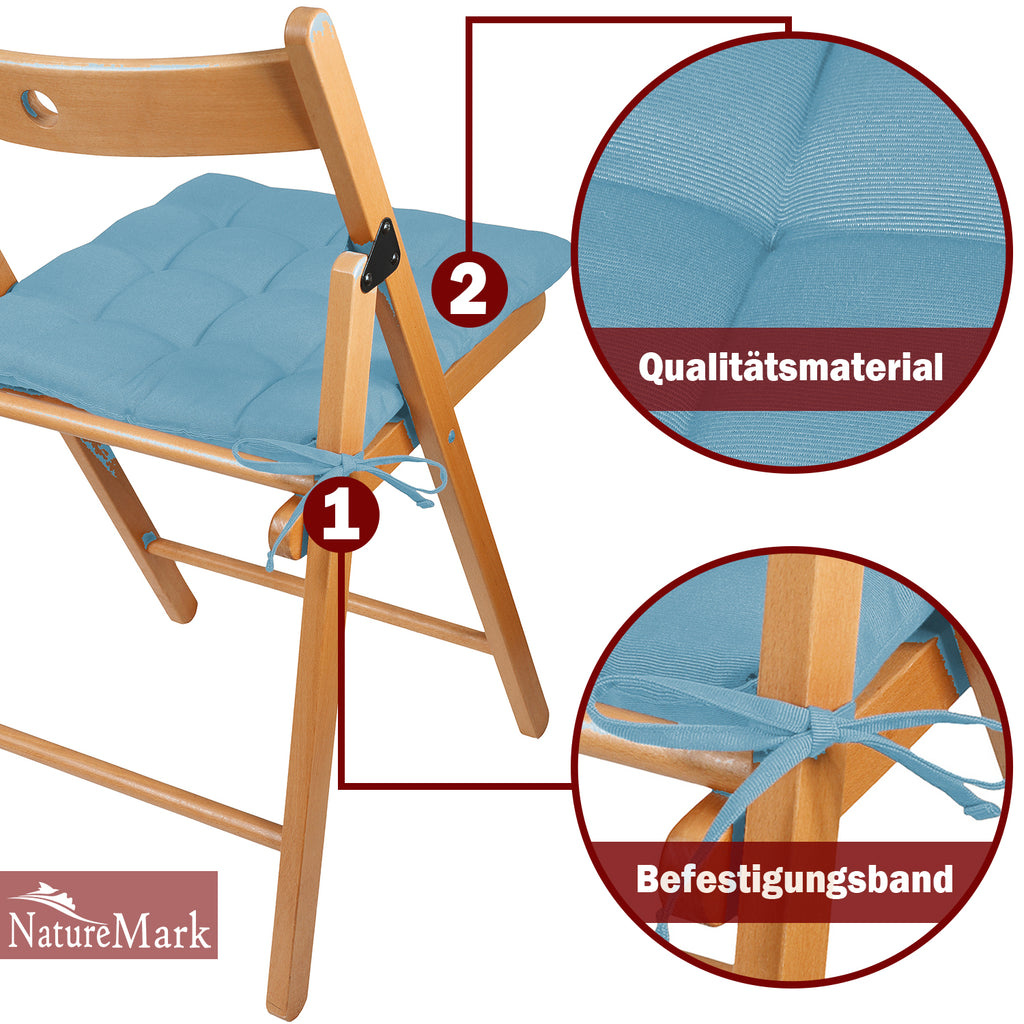 NatureMark 4er Set Stuhlkissen mit Bändern 40x40 cm – Gefüllte Sitzkissen, Outdoor & Indoor