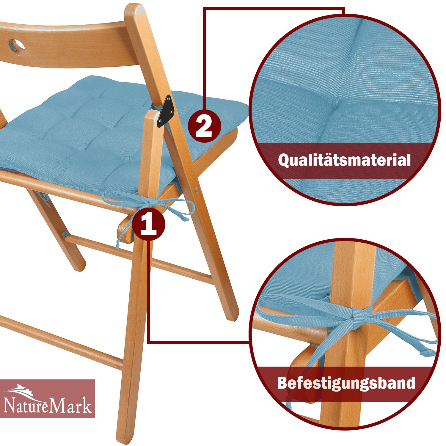 NatureMark 4er Set Stuhlkissen mit Bändern 40x40 cm – Gefüllte Sitzkissen, Outdoor & Indoor