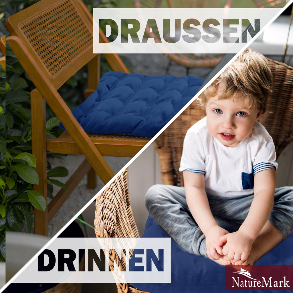 NatureMark 4er Set Stuhlkissen mit Bändern 40x40 cm – Gefüllte Sitzkissen, Outdoor & Indoor