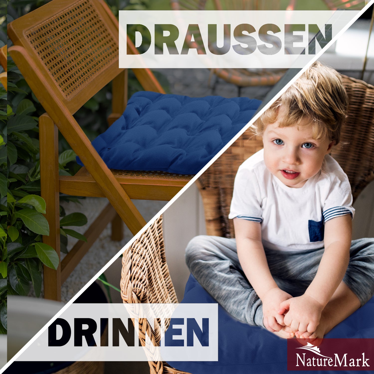 NatureMark 4er Set Stuhlkissen mit Bändern 40x40 cm – Gefüllte Sitzkissen, Outdoor & Indoor