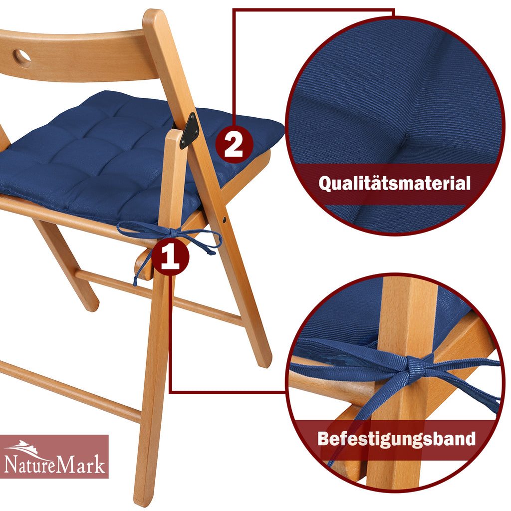 NatureMark 4er Set Stuhlkissen mit Bändern 40x40 cm – Gefüllte Sitzkissen, Outdoor & Indoor