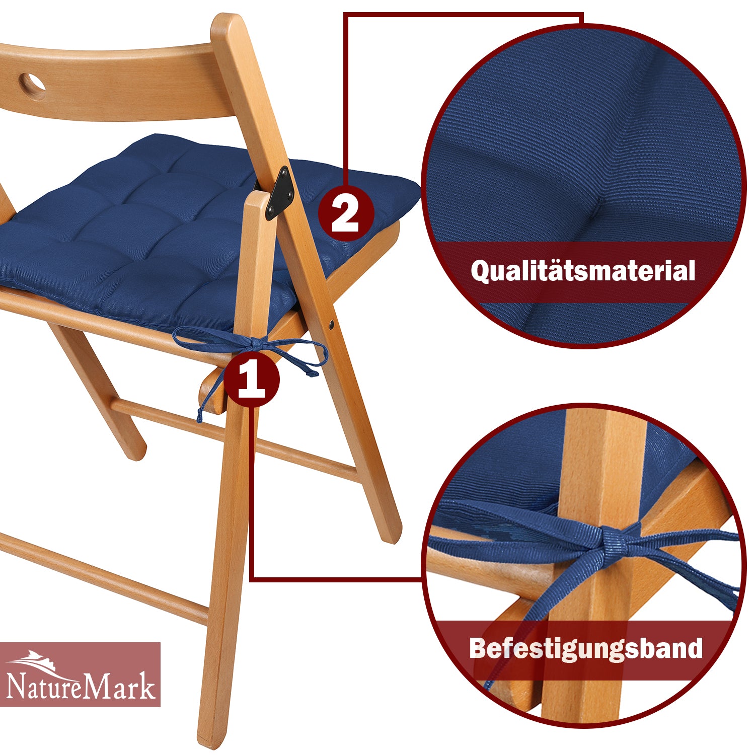 NatureMark 4er Set Stuhlkissen mit Bändern 40x40 cm – Gefüllte Sitzkissen, Outdoor & Indoor