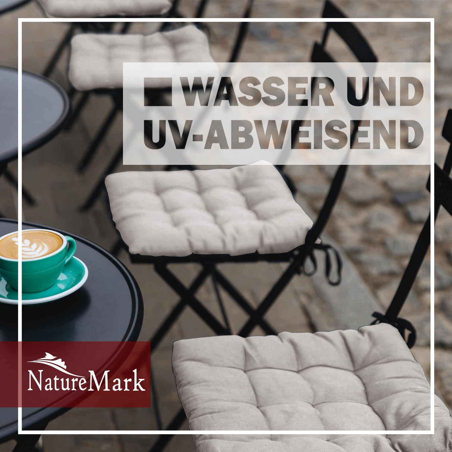 NatureMark 4er Set Stuhlkissen mit Bändern 40x40 cm – Gefüllte Sitzkissen, Outdoor & Indoor