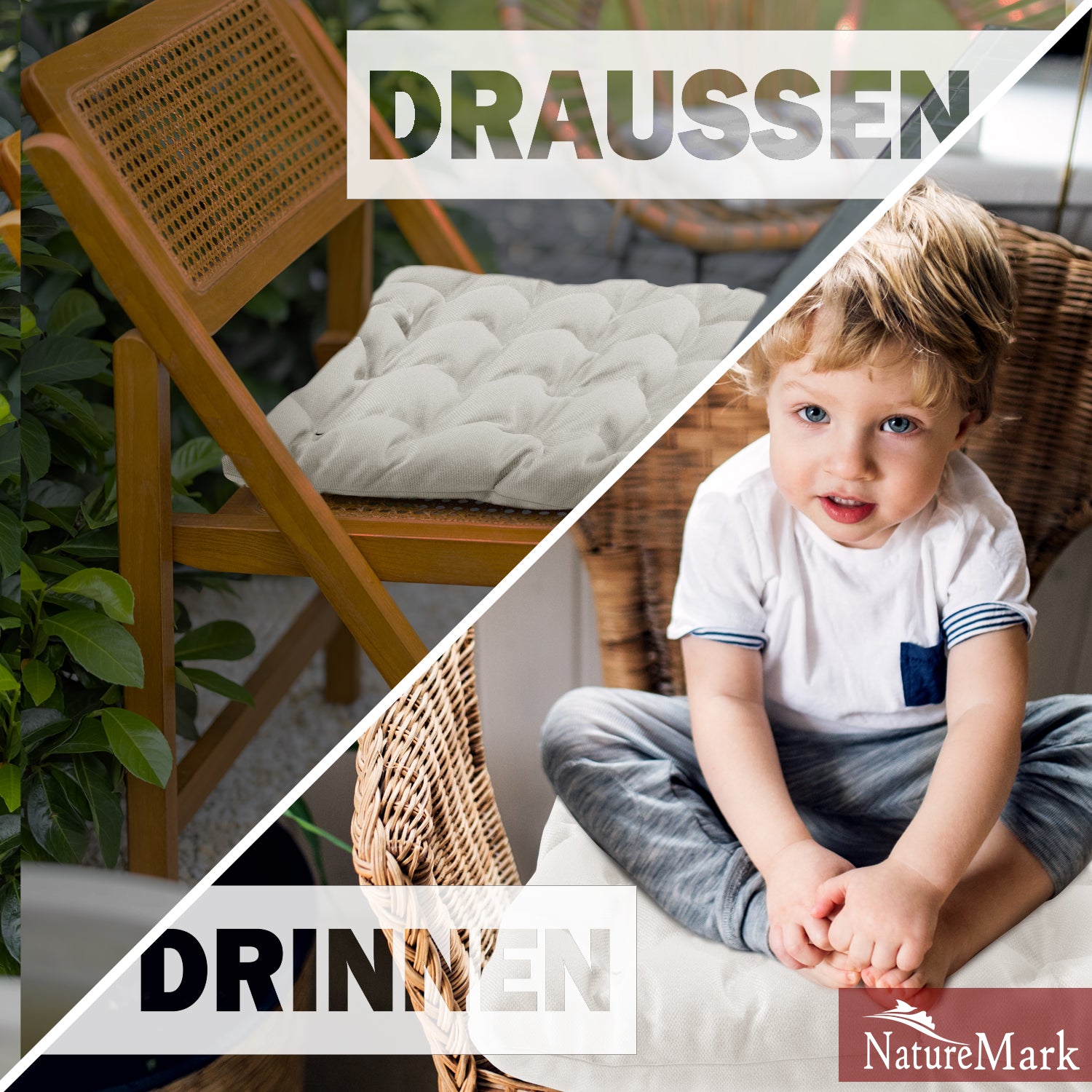 NatureMark 4er Set Stuhlkissen mit Bändern 40x40 cm – Gefüllte Sitzkissen, Outdoor & Indoor