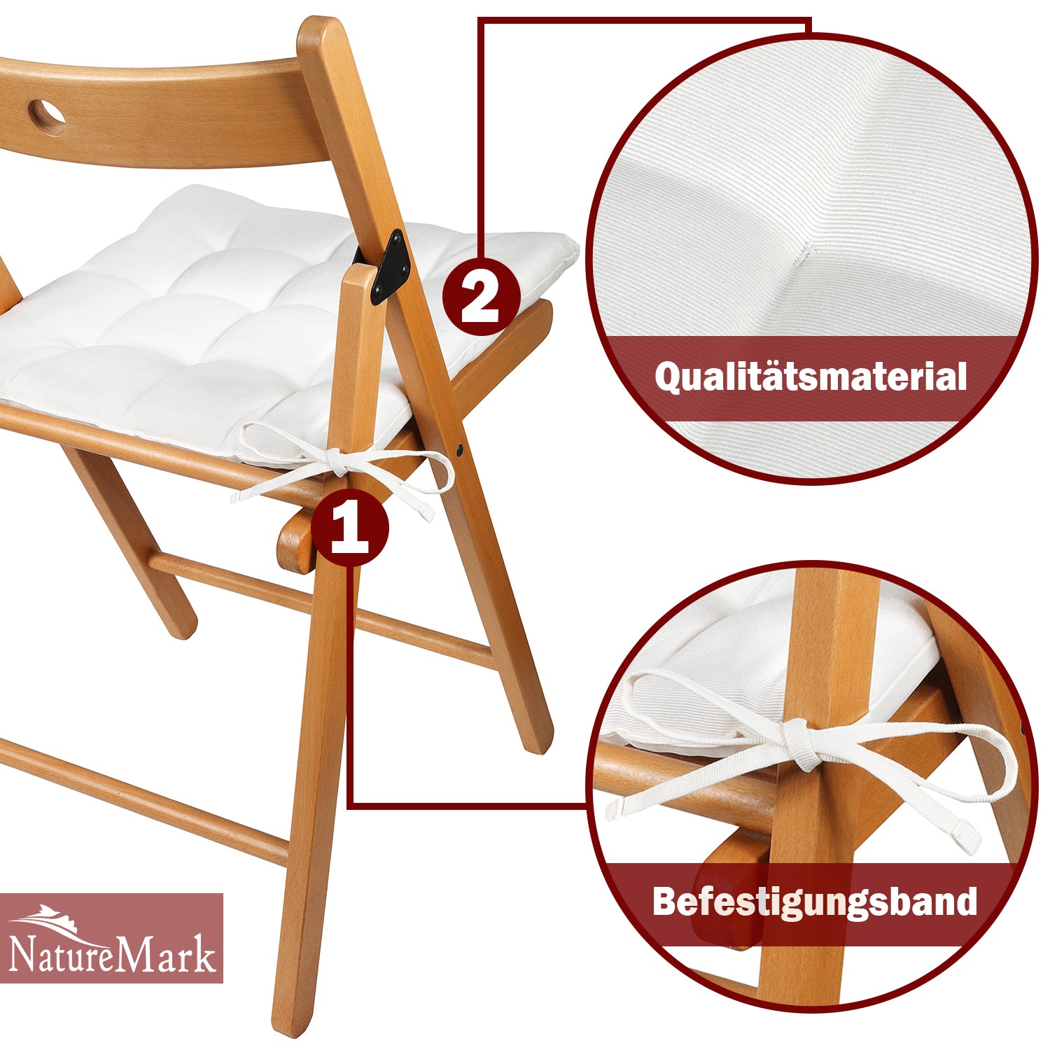 NatureMark 4er Set Stuhlkissen mit Bändern 40x40 cm – Gefüllte Sitzkissen, Outdoor & Indoor