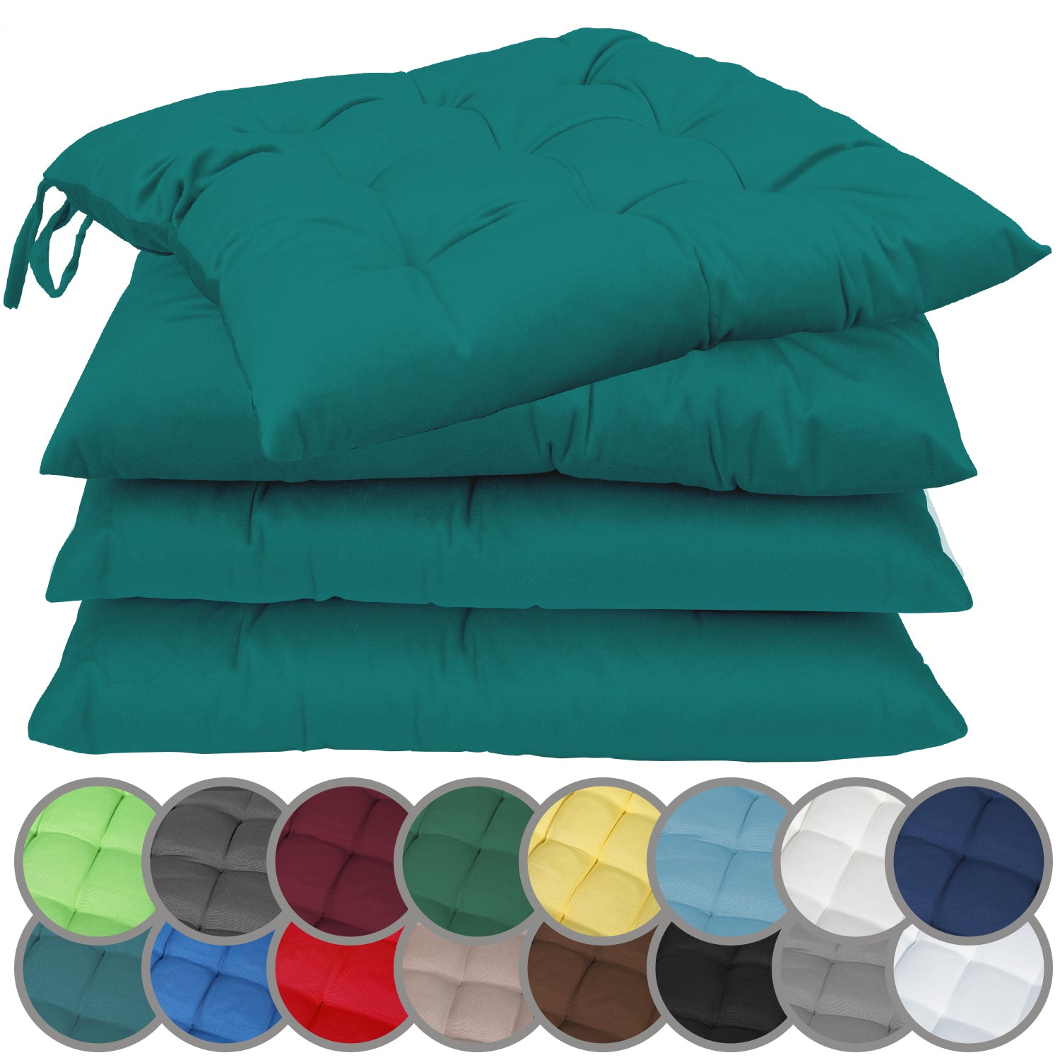 NatureMark 4er Set Stuhlkissen mit Bändern 40x40 cm – Gefüllte Sitzkissen, Outdoor & Indoor