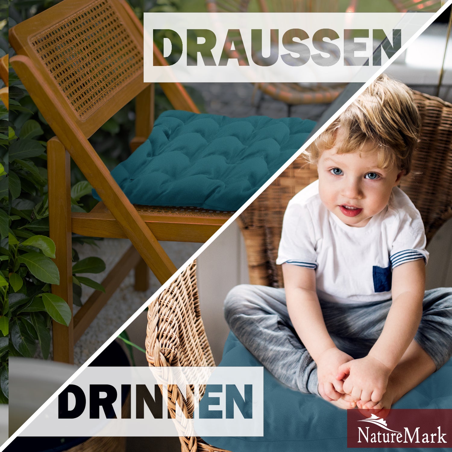 NatureMark 4er Set Stuhlkissen mit Bändern 40x40 cm – Gefüllte Sitzkissen, Outdoor & Indoor