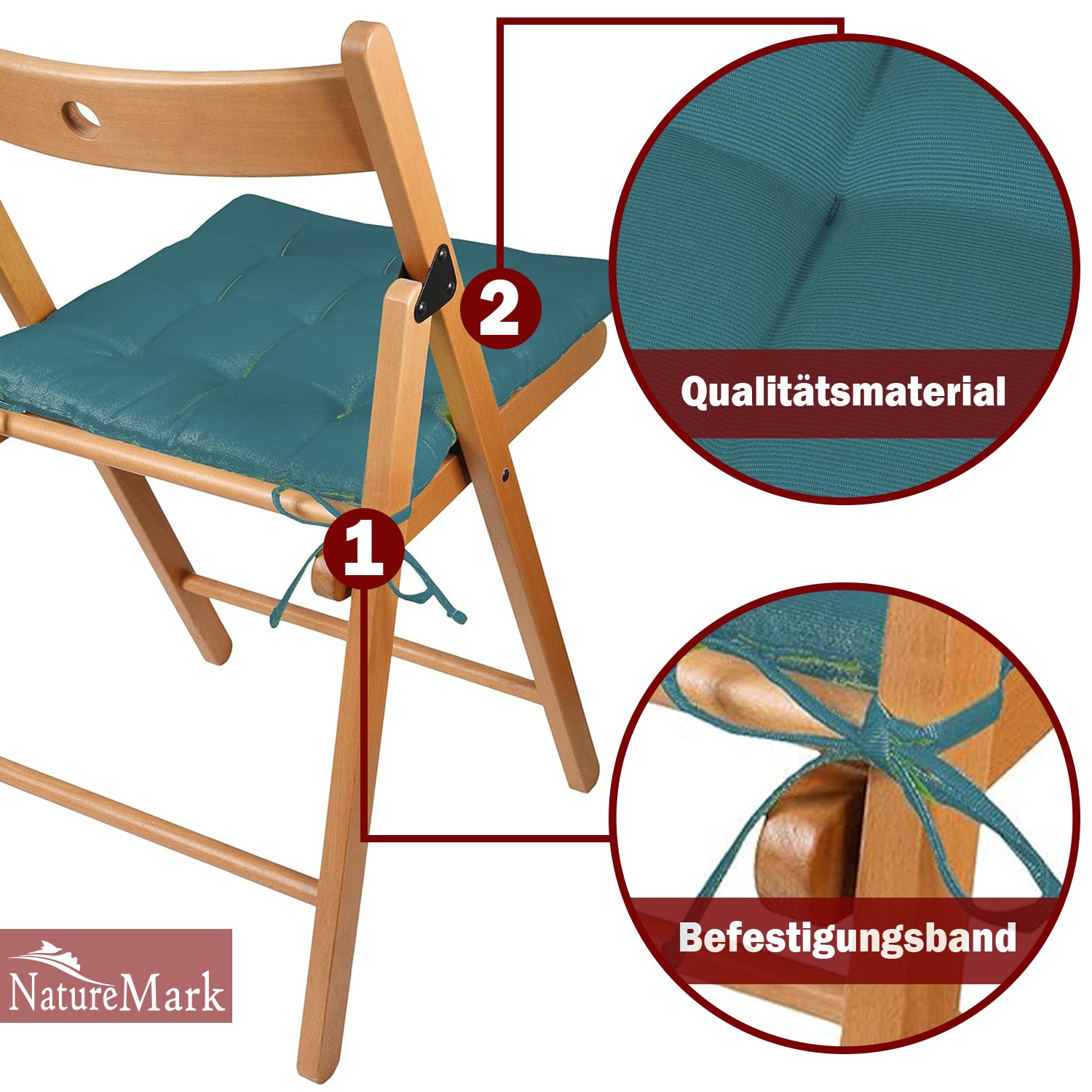 NatureMark 4er Set Stuhlkissen mit Bändern 40x40 cm – Gefüllte Sitzkissen, Outdoor & Indoor
