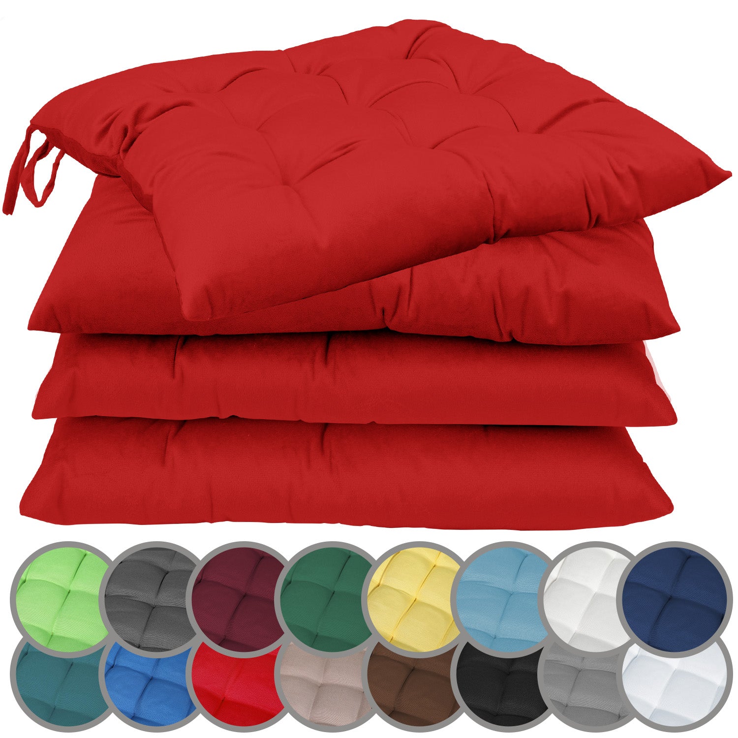 NatureMark 4er Set Stuhlkissen mit Bändern 40x40 cm – Gefüllte Sitzkissen, Outdoor & Indoor