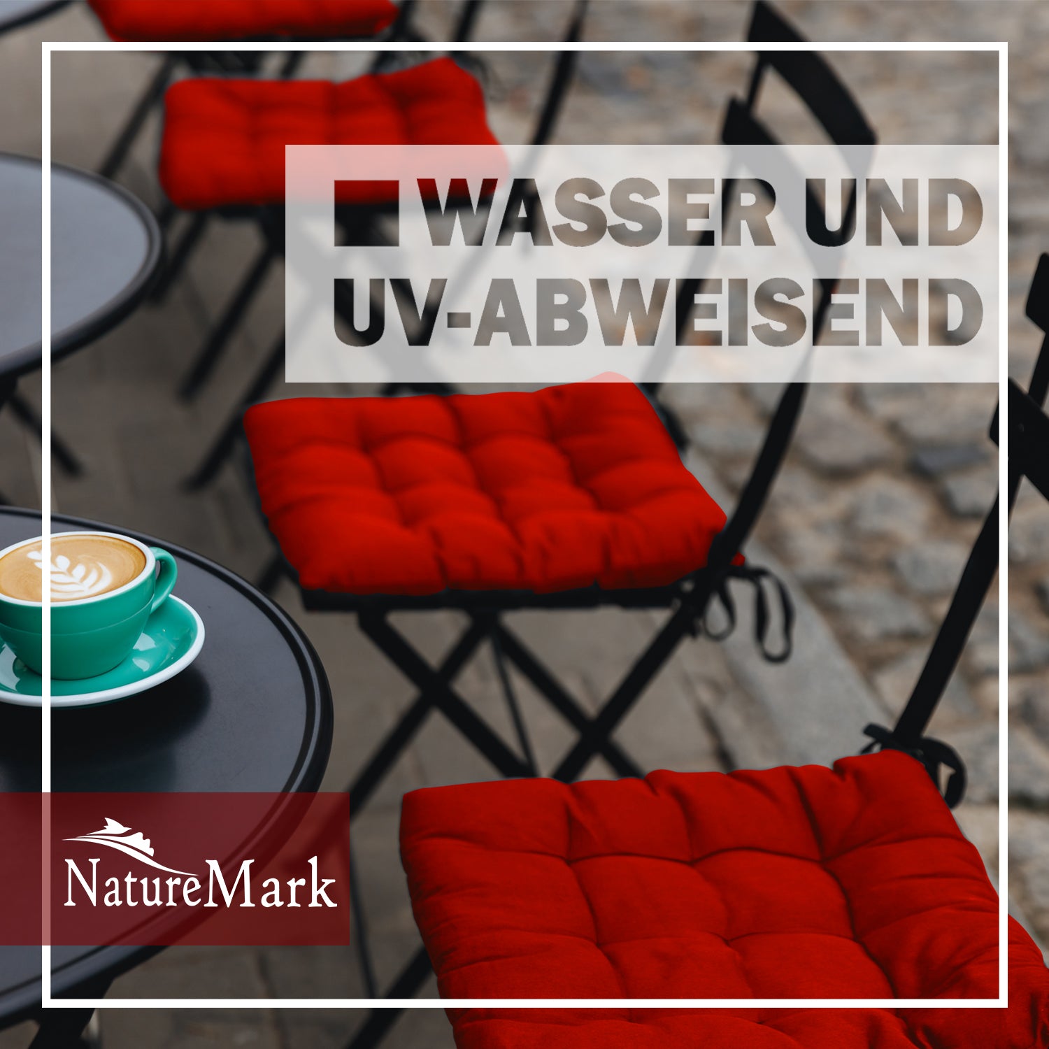 NatureMark 4er Set Stuhlkissen mit Bändern 40x40 cm – Gefüllte Sitzkissen, Outdoor & Indoor