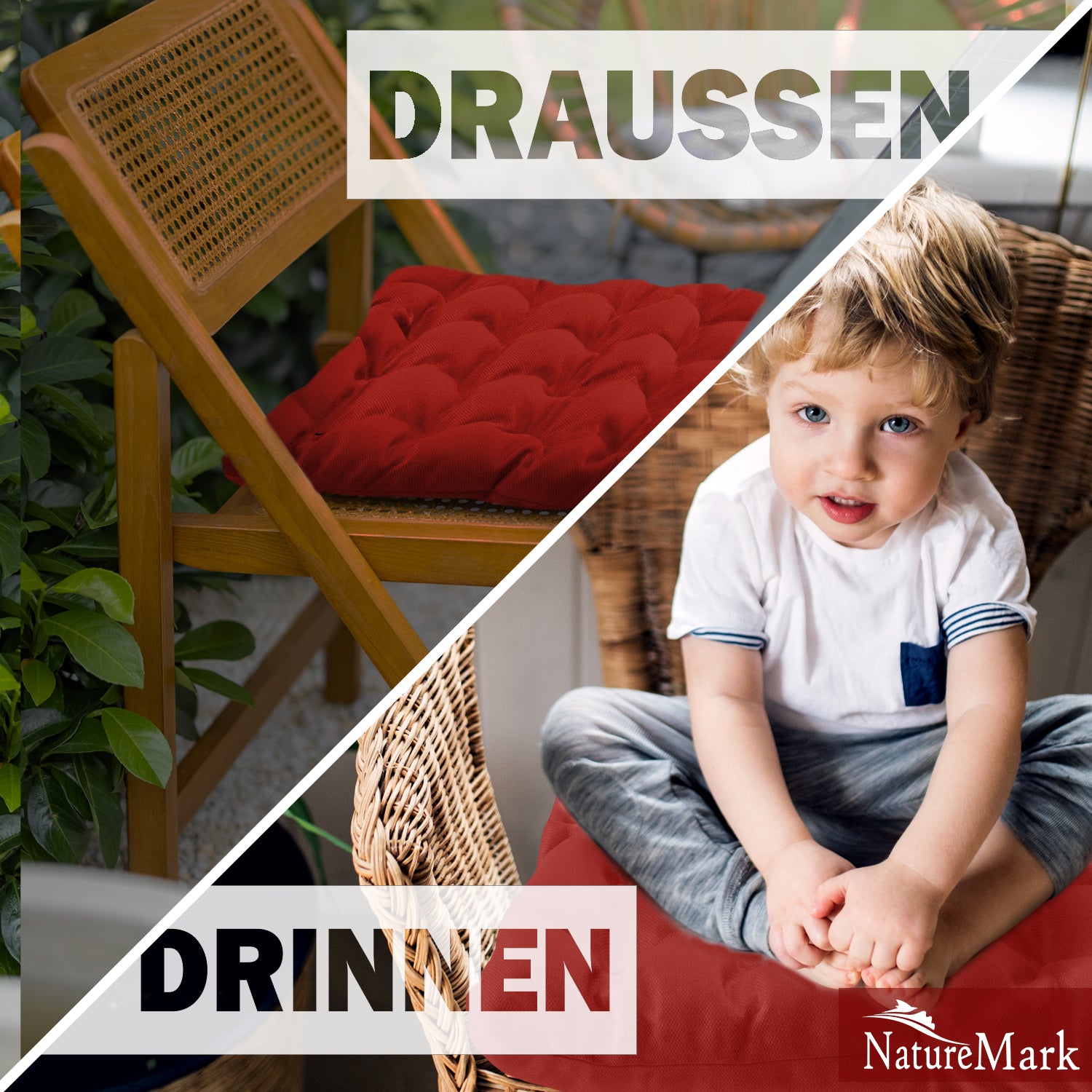 NatureMark 4er Set Stuhlkissen mit Bändern 40x40 cm – Gefüllte Sitzkissen, Outdoor & Indoor