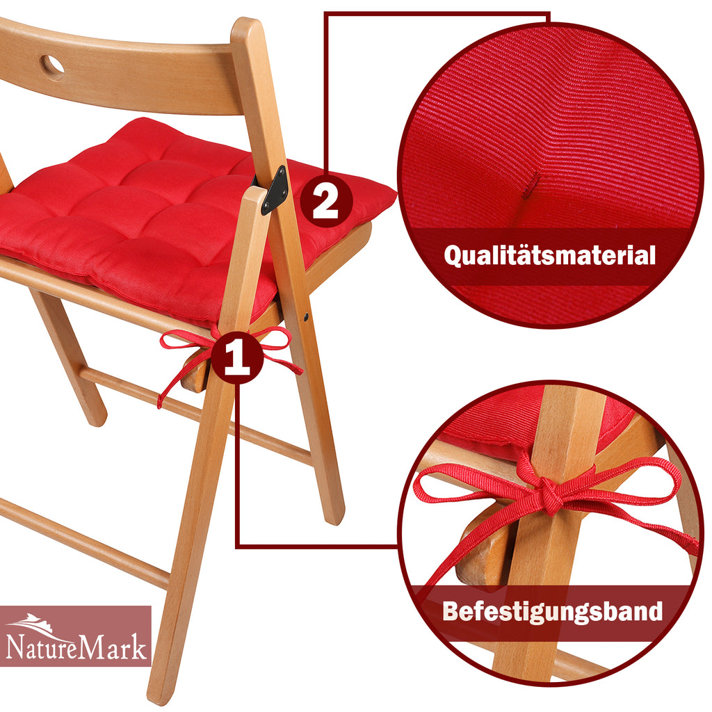 NatureMark 4er Set Stuhlkissen mit Bändern 40x40 cm – Gefüllte Sitzkissen, Outdoor & Indoor